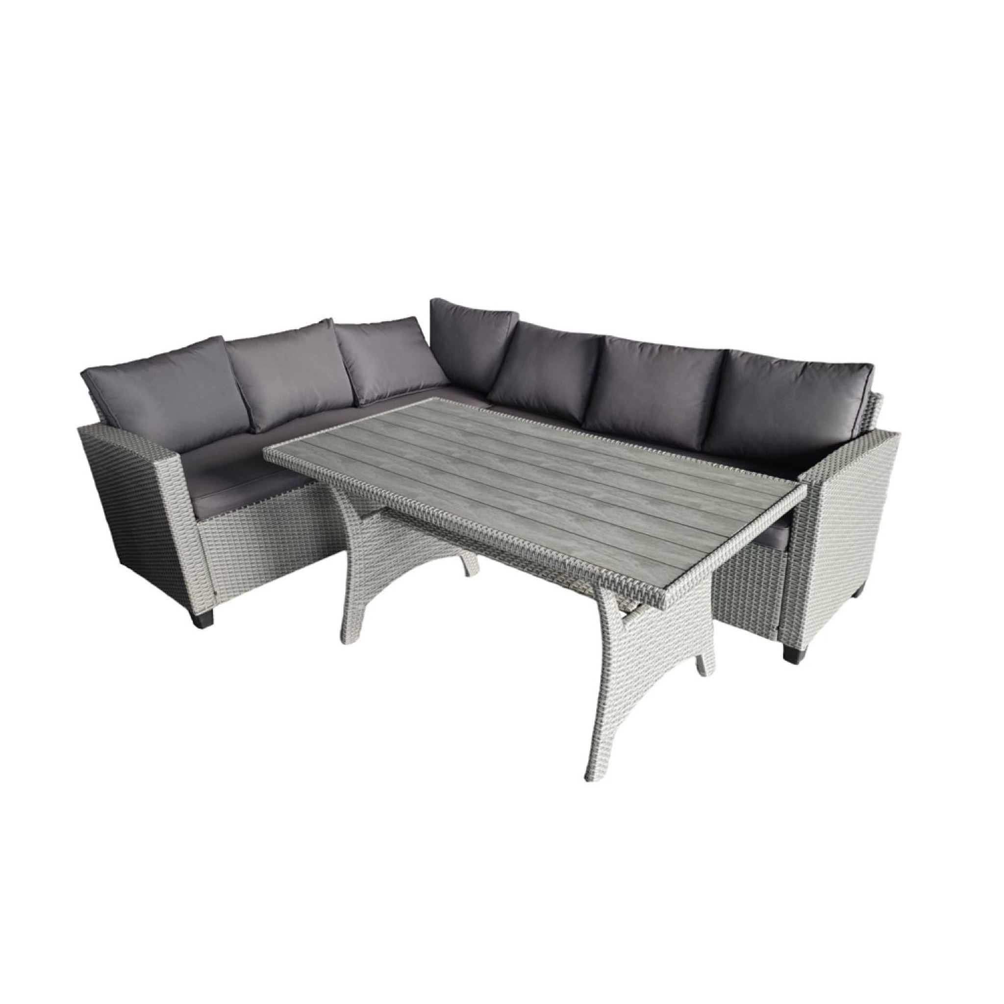 CONCEPT USINE Salon de jardin d'angle 6 places en résine tressée grise avec table TAHAA