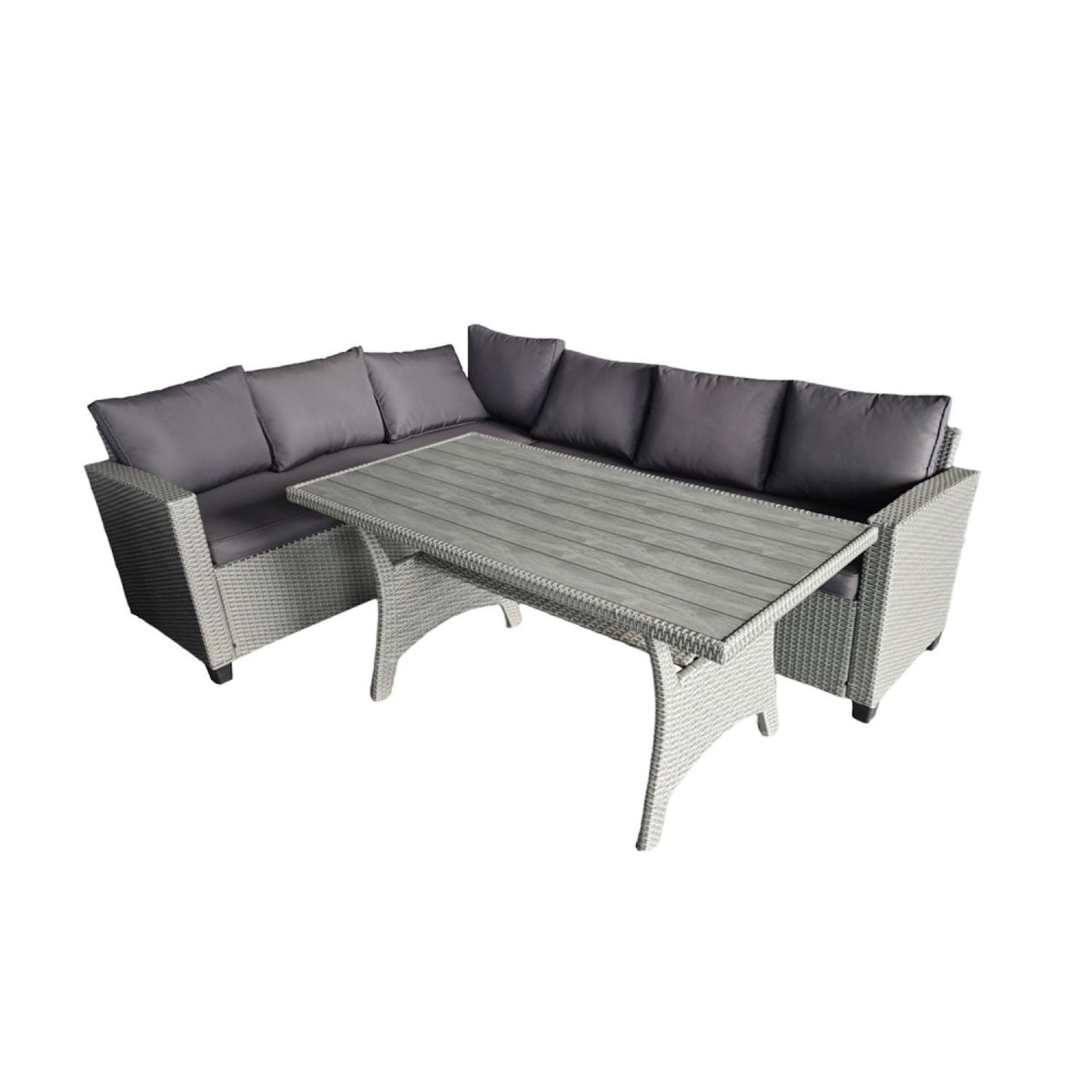 CONCEPT USINE Salon de jardin d'angle 6 places en résine tressée grise avec table TAHAA