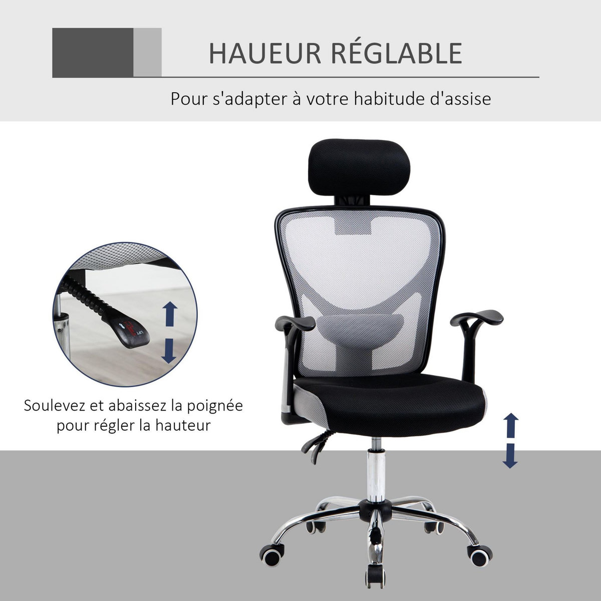 VINSETTO Vinsetto Chaise de bureau manager grand confort réglable dossier inclinable piètement chromé tissu maille polyester gris noir