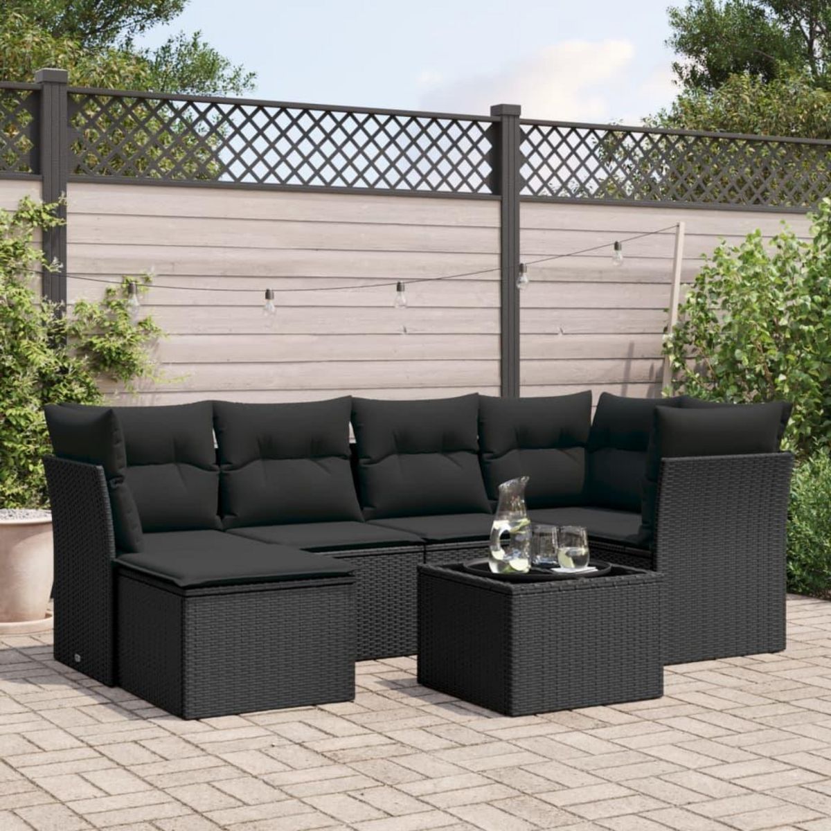 VIDAXL Salon de jardin 7 pcs avec coussins noir resine tressee