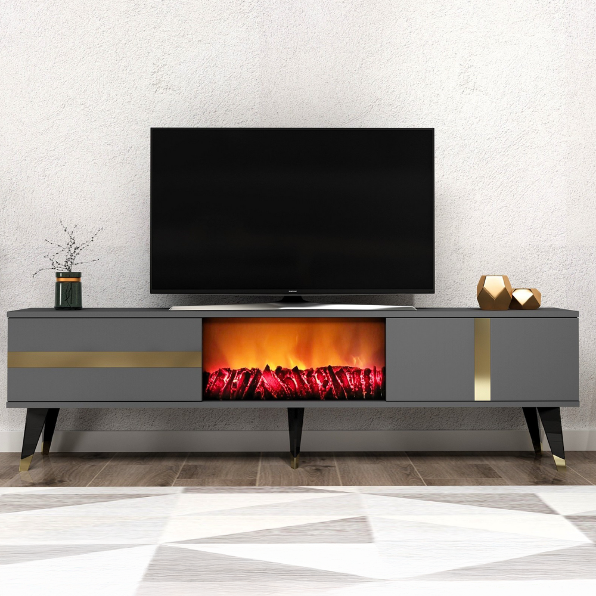 Voir la diapositive 2 : CONCEPT USINE Meuble tv avec cheminée led 150cm gris anthracite suny