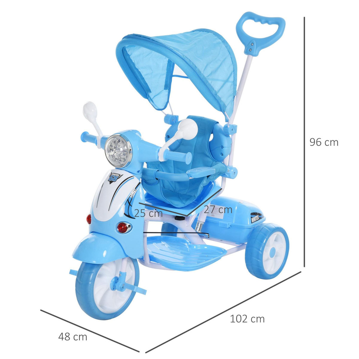 HOMCOM Tricycle enfants évolutif canne, pare-soleil pliable amovible effets lumineux sonores métal blanc PP polyester bleu