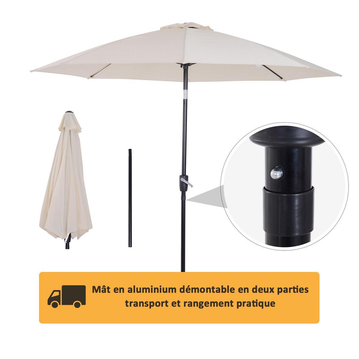 OUTSUNNY Parasol inclinable aluminium fibre de verre polyester diamètre 2,65 m coloris crème