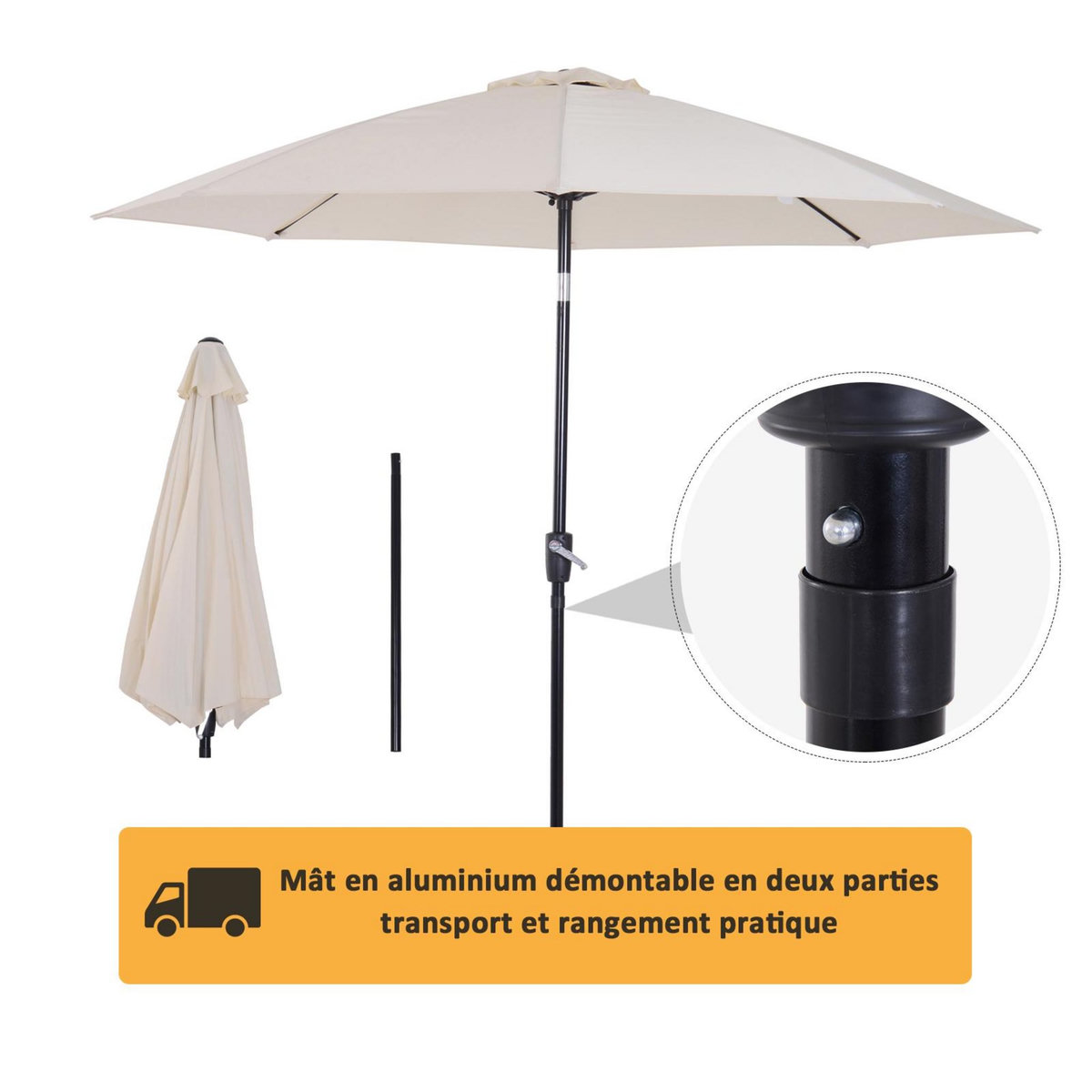 OUTSUNNY Parasol inclinable aluminium fibre de verre polyester diamètre 2,65 m coloris crème