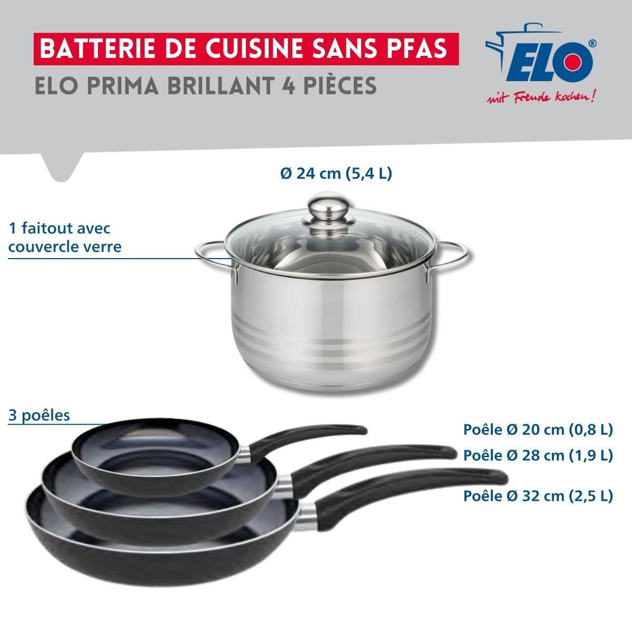 Voir la diapositive 2 : ELO Ensemble de 3 poêles de cuisson 20, 28 et 32 cm et 1 faitout 24 cm elo prima brillant