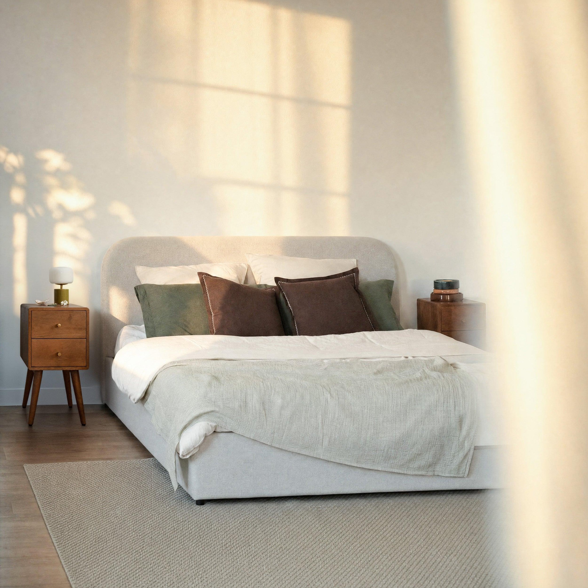 Voir la diapositive 5 : MAISON PAVANE Lit double avec coffre 160x200 cm en tissu gris/beige-tilly