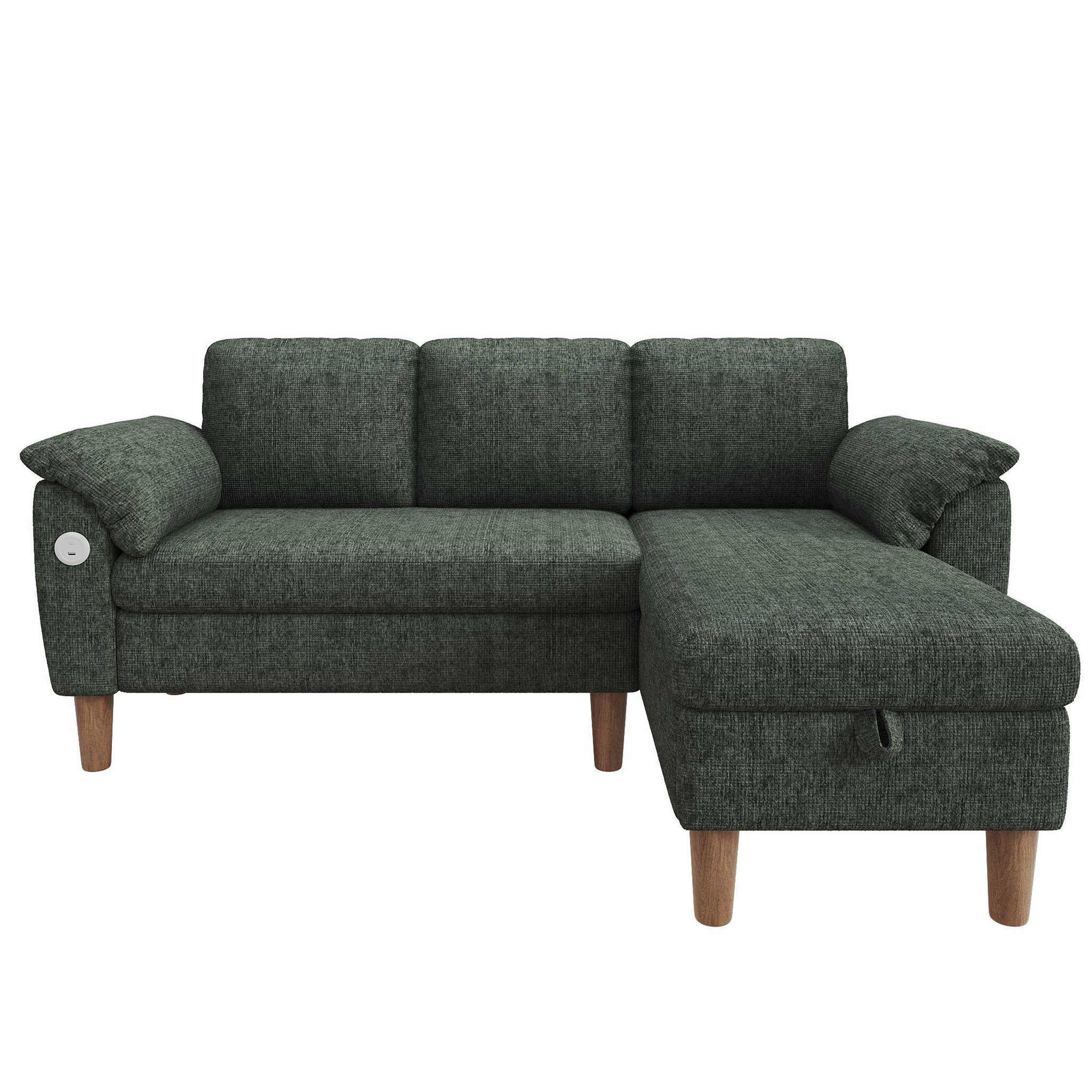 Voir la diapositive 1 : MERAX Canapé d'angle 3 places avec méridienne coffre tissu chenille usb type-c