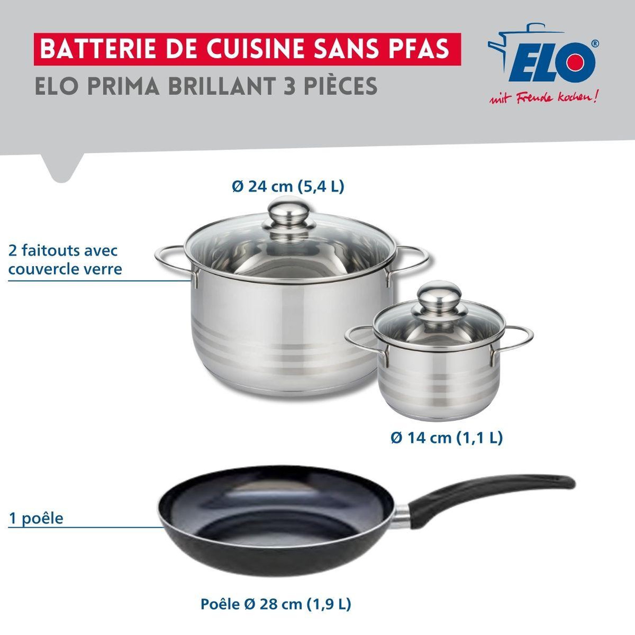 Voir la diapositive 2 : ELO Ensemble de 1 poêle de cuisson 28 cm et 2 faitouts 14 et 24 cm elo prima brillant