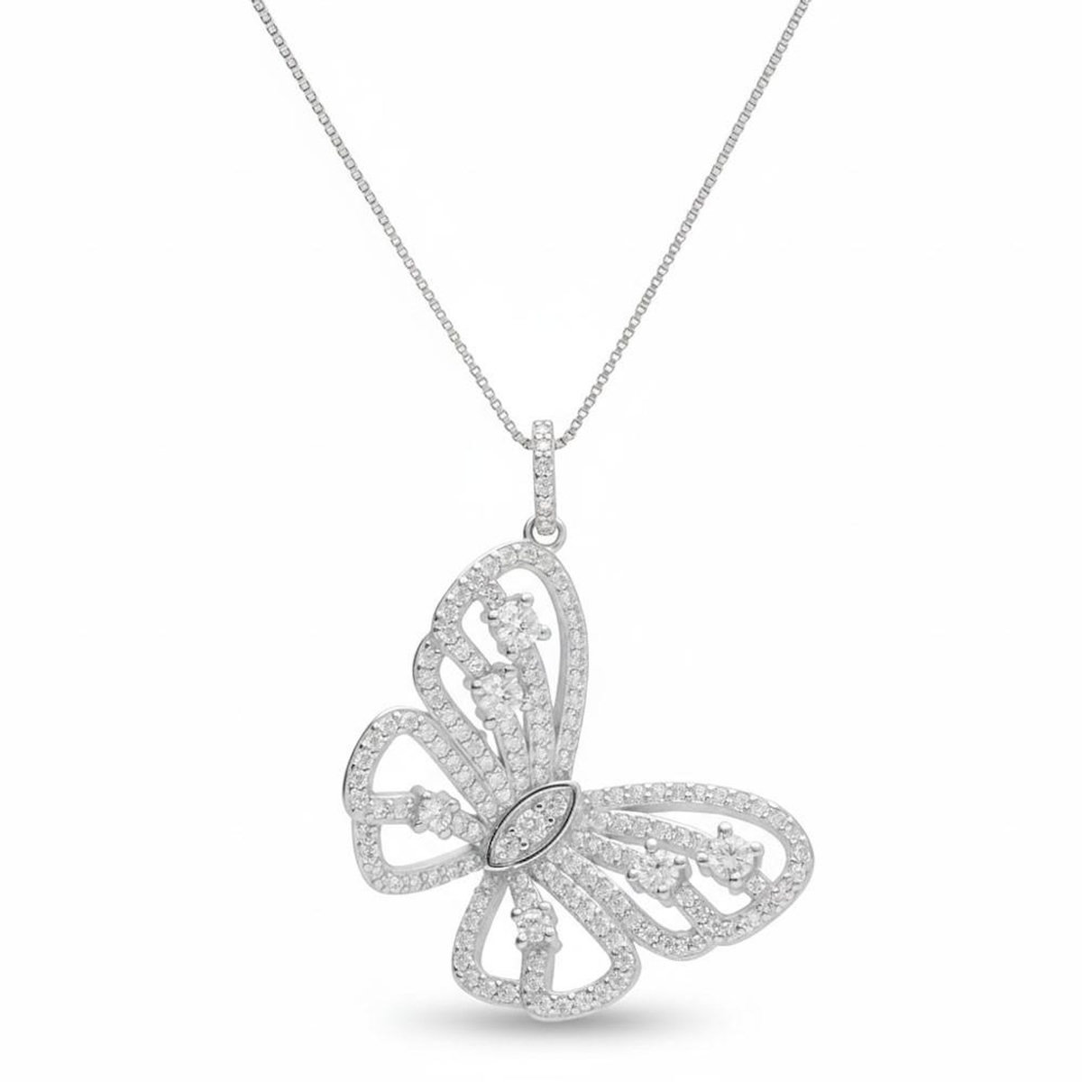L'ATELIER D'AZUR Collier en Argent 925 Rhodié - Papillon Pavé de Zirconiums - Chaine Offerte