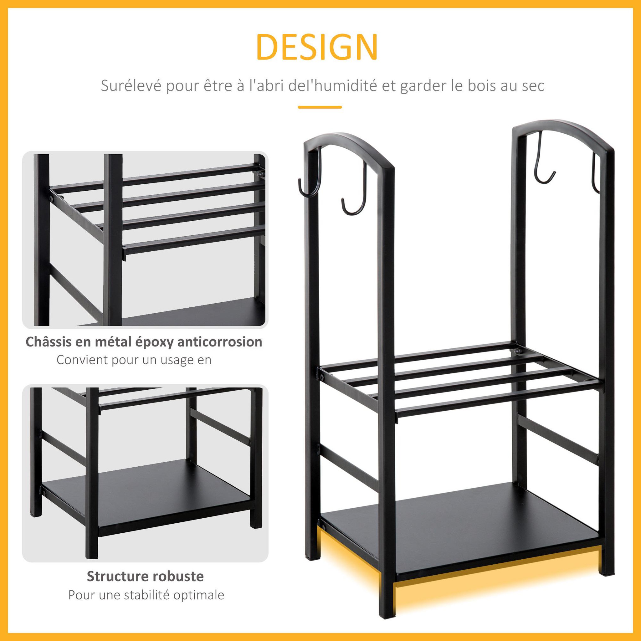 Voir la diapositive 4 : OUTSUNNY Serviteur de cheminée - porte bûches - range bûches multi accessoires 2 étagères 40L x 30l x 75H cm métal noir