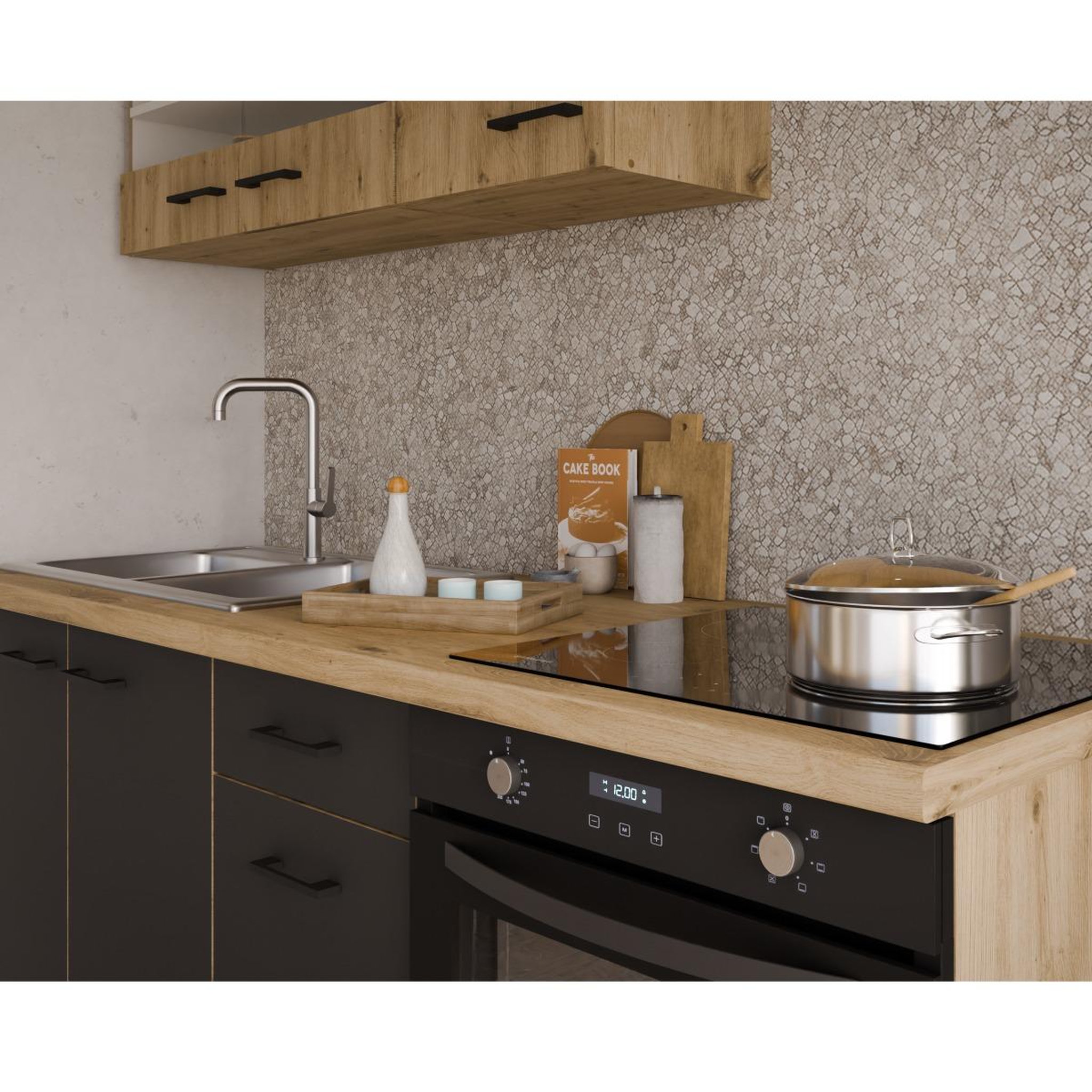 Voir la diapositive 5 : JLC KREATION Cuisine complète moderne noir et bois 180cm ODESSA