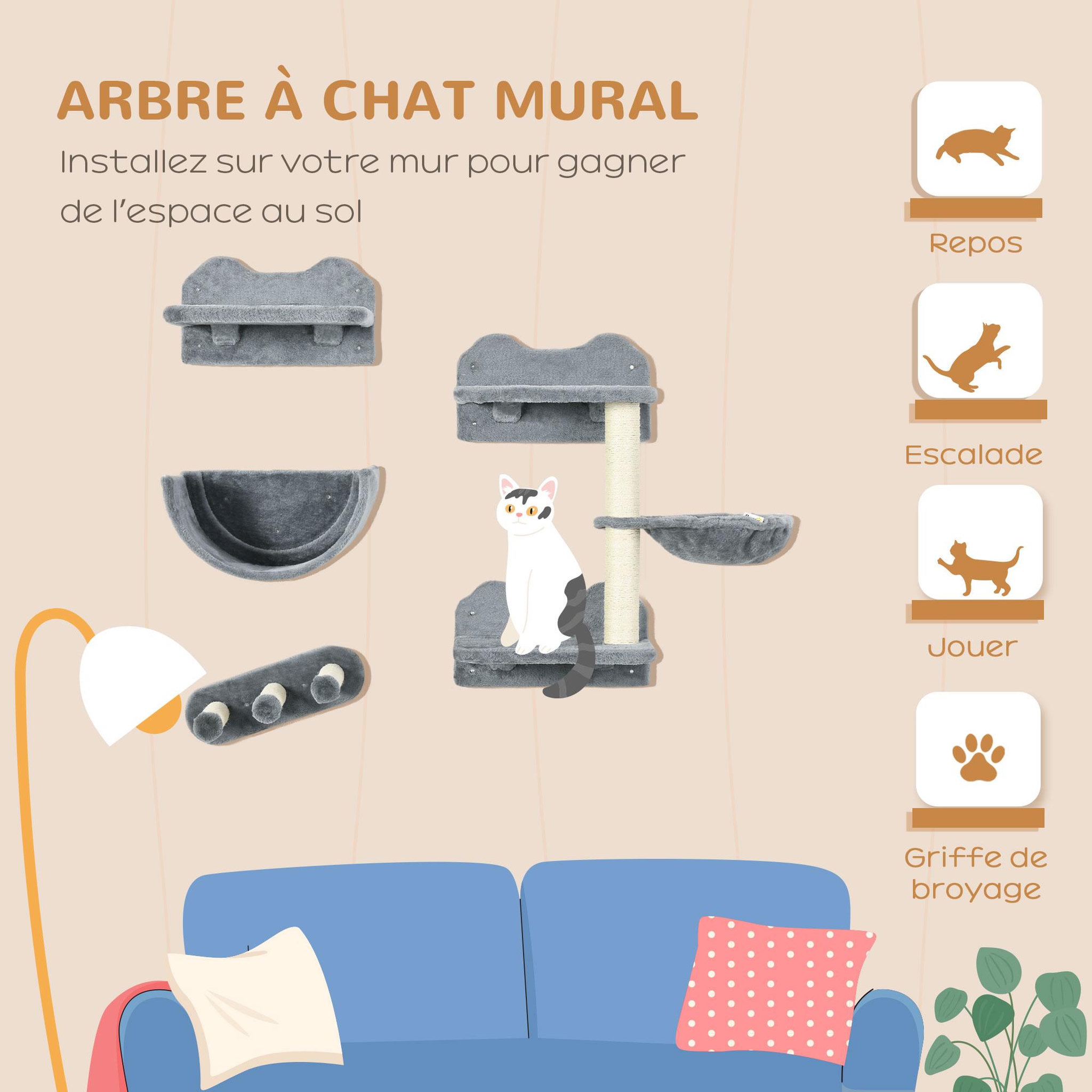 Voir la diapositive 4 : PAWHUT Mur d'escalade pour chat - arbre à chat design mural - griffoirs, plateformes, 2 paniers, échelle - sisal peluche gris