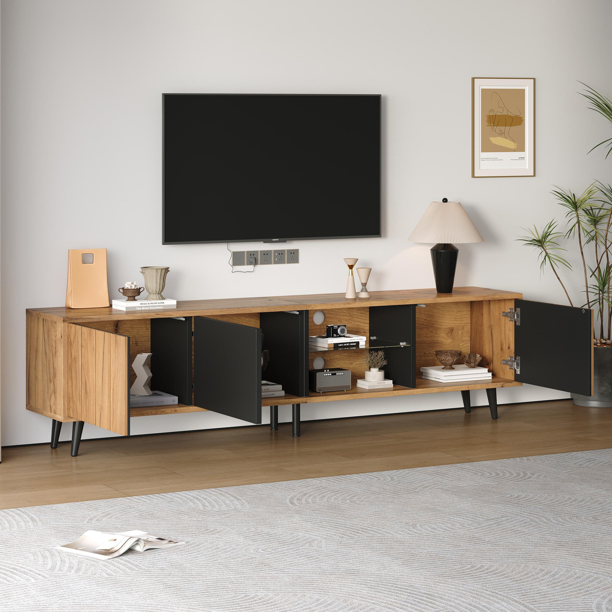 Voir la diapositive 5 : MERAX Meuble tv naturel+noir 175 cm panneau de particules