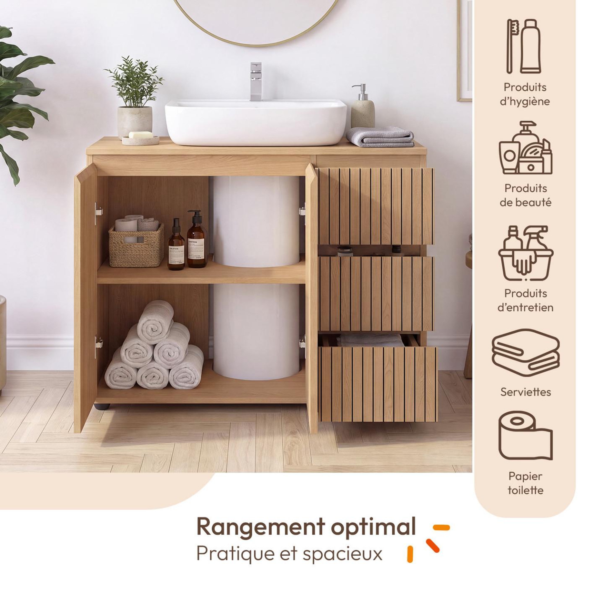 Voir la diapositive 3 : ID MARKET Meuble sous lavabo salle de bain VICTOR avec placard et 3 tiroirs effet lattes