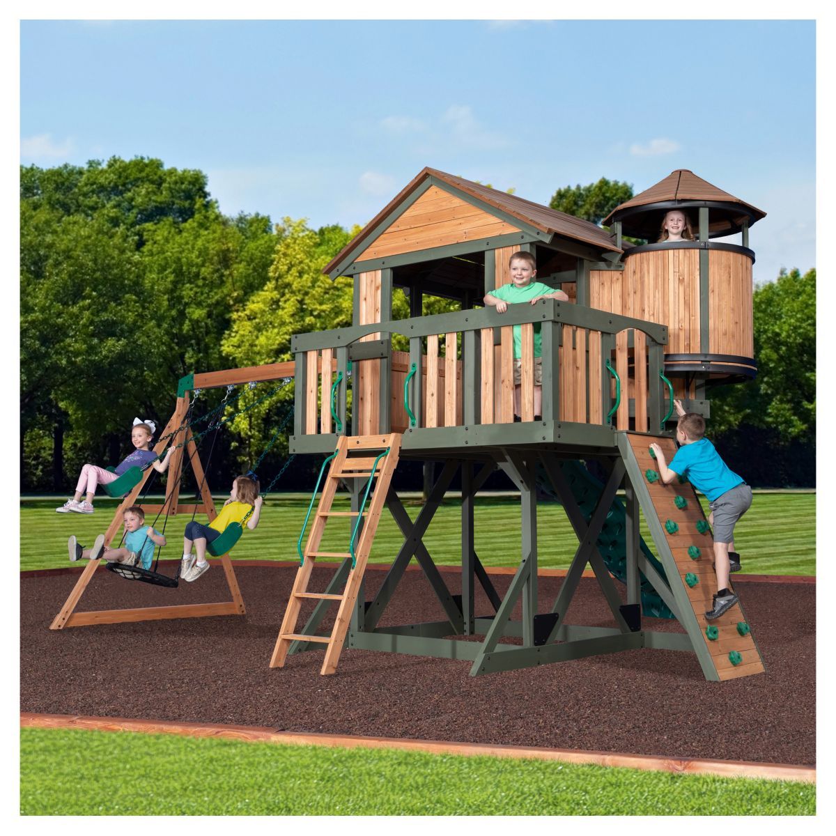 Backyard Discovery Aire de jeux XXL avec toboggan et tour de guet - Bois - EAGLE NEST