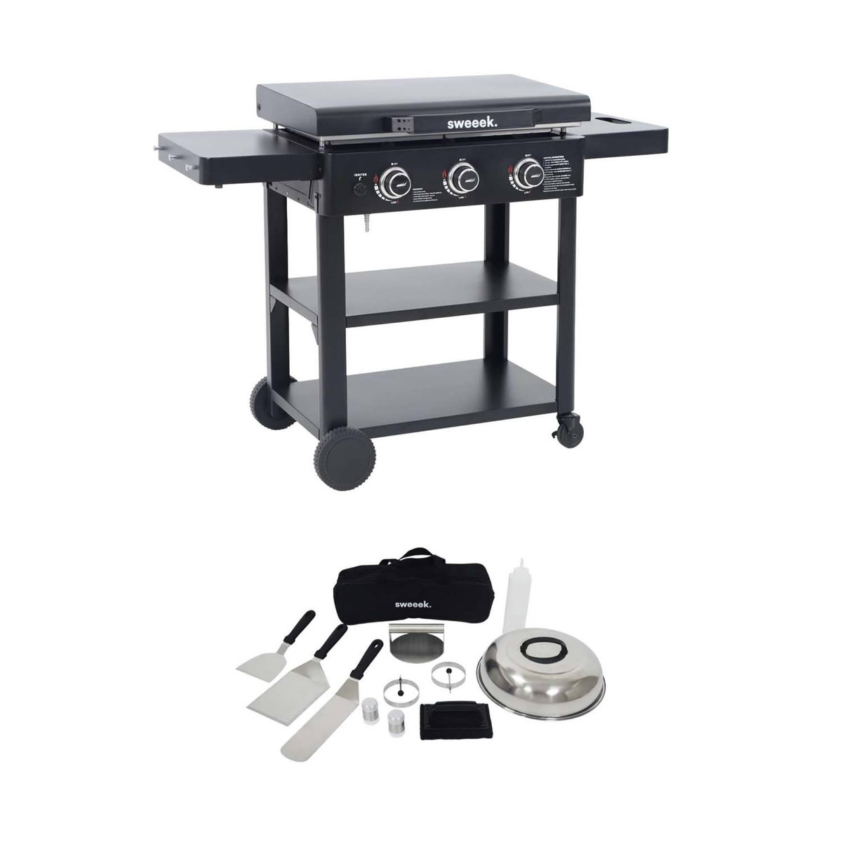 SWEEEK Plancha gaz 3 brûleurs acier inoxydable 12kW avec chariot et ustensiles - Raoul