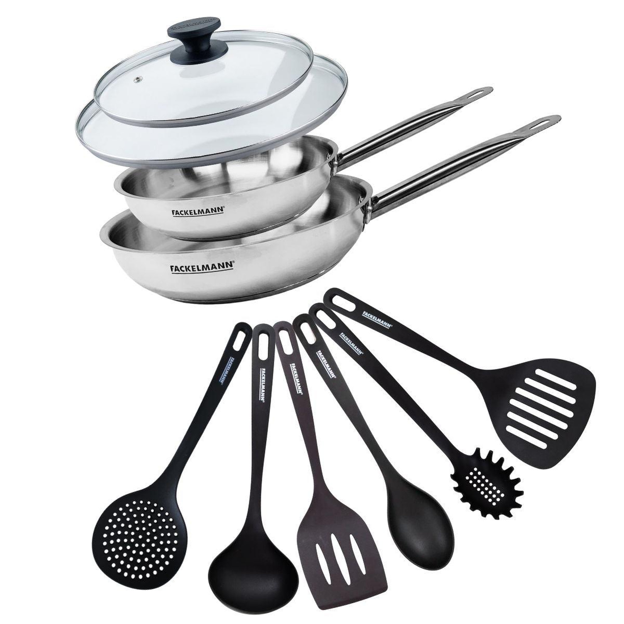 Fackelmann Set de 2 poêles de 24 et 28 cm en inox, 2 couvercles en verre et 6 ustensiles fackelmann eterna