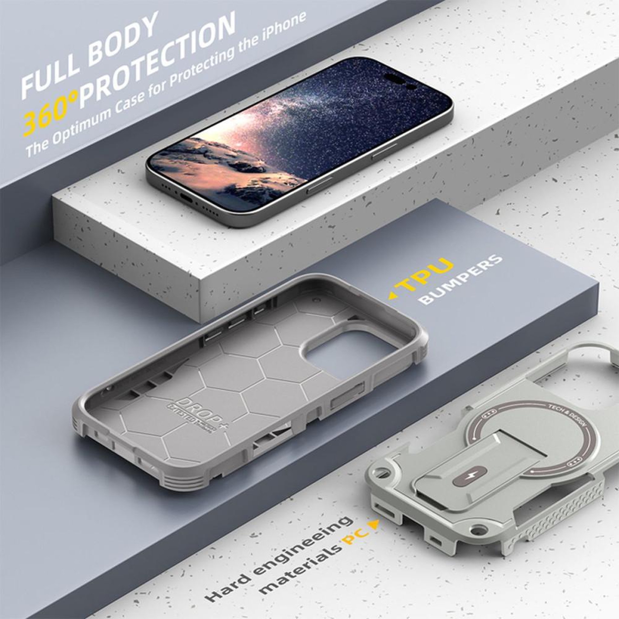 Voir la diapositive 5 : Coque MagSafe iPhone 16 Pro grise antichoc 360° avec support intégré HCT Style
