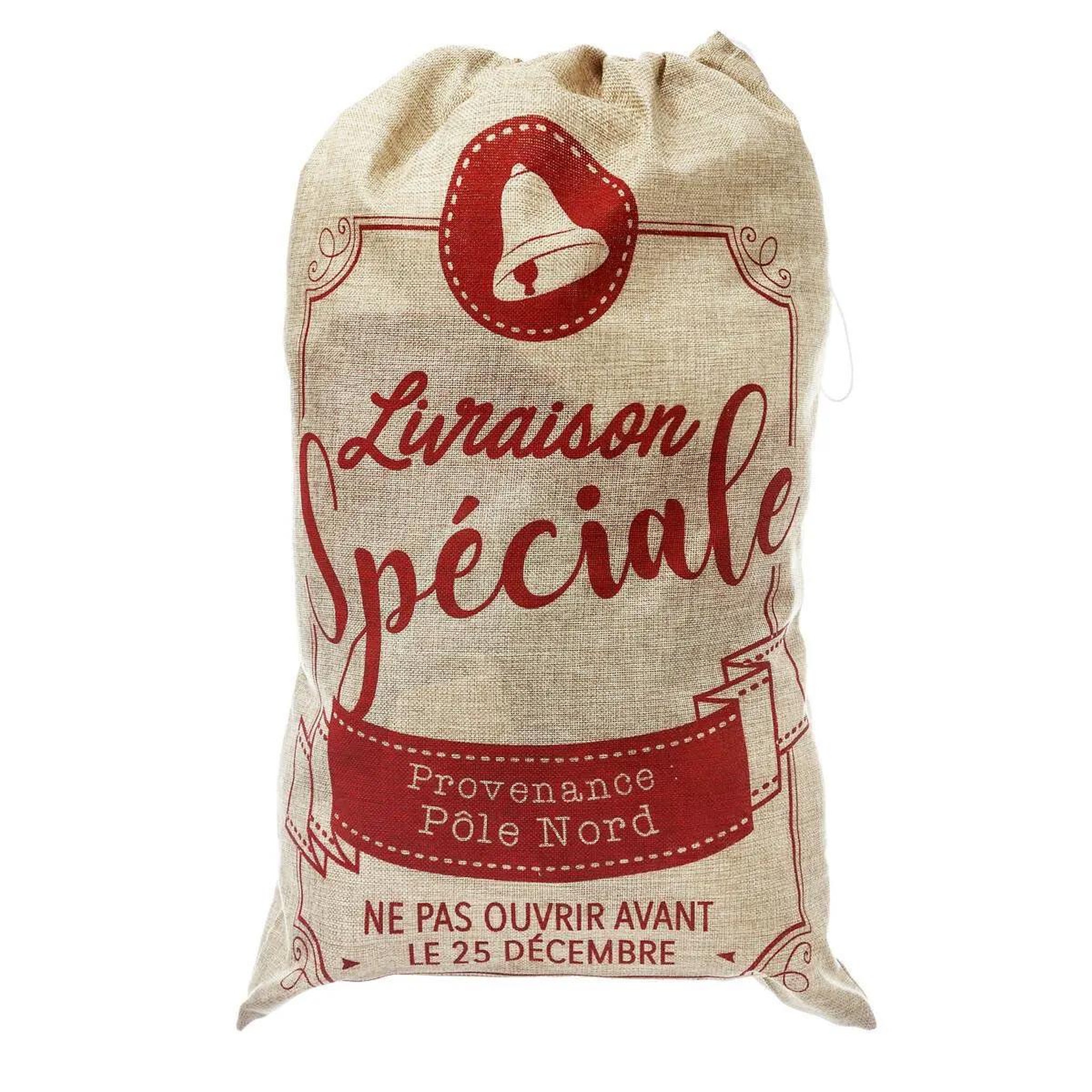 Voir la diapositive 3 : FEERIC LIGHT & CHRISTMAS Hotte de noël imprimée  jute  70cm rouge & naturel