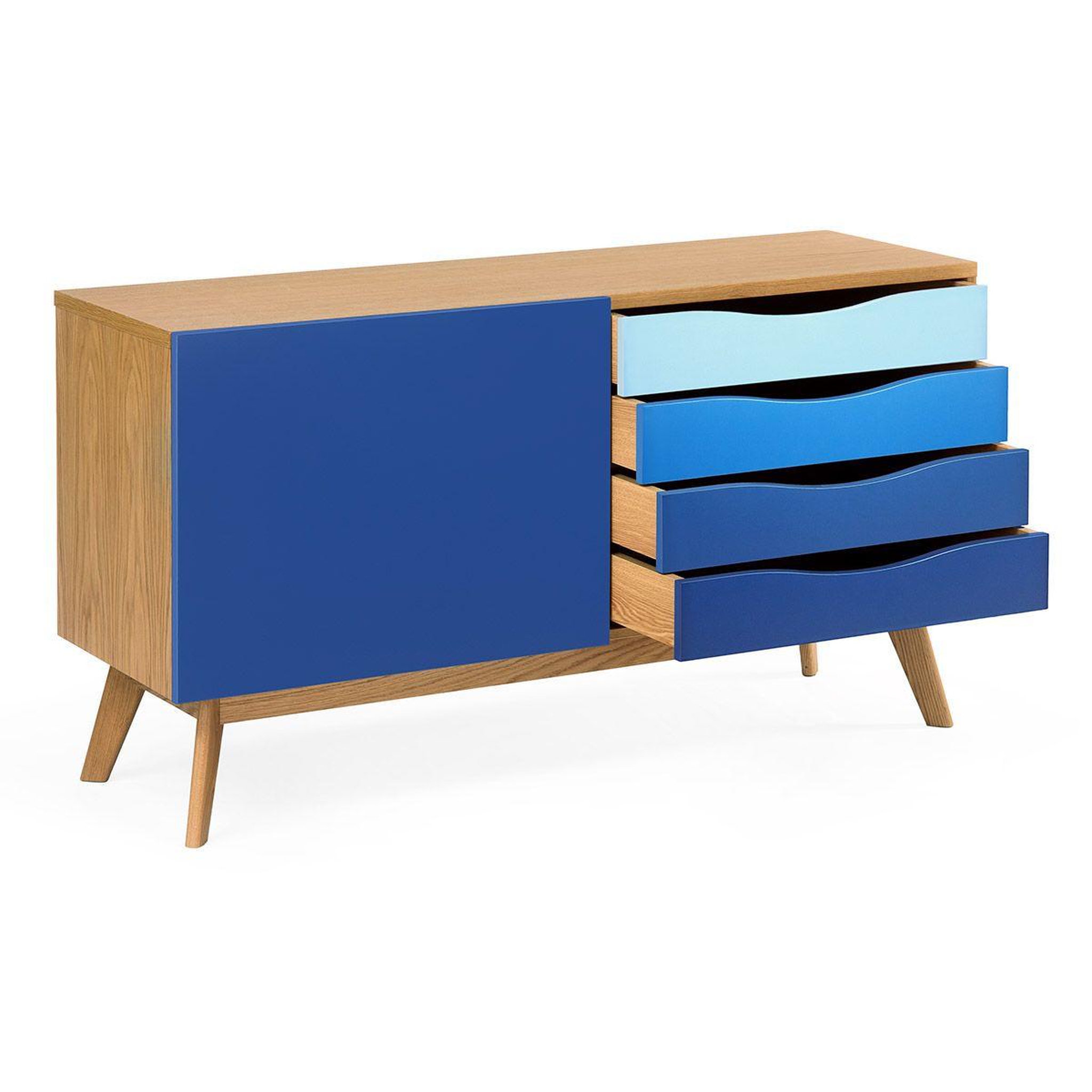 Voir la diapositive 2 : Paris Prix Buffet 4 tiroirs & 1 porte  avon  128cm chêne & bleu foncé
