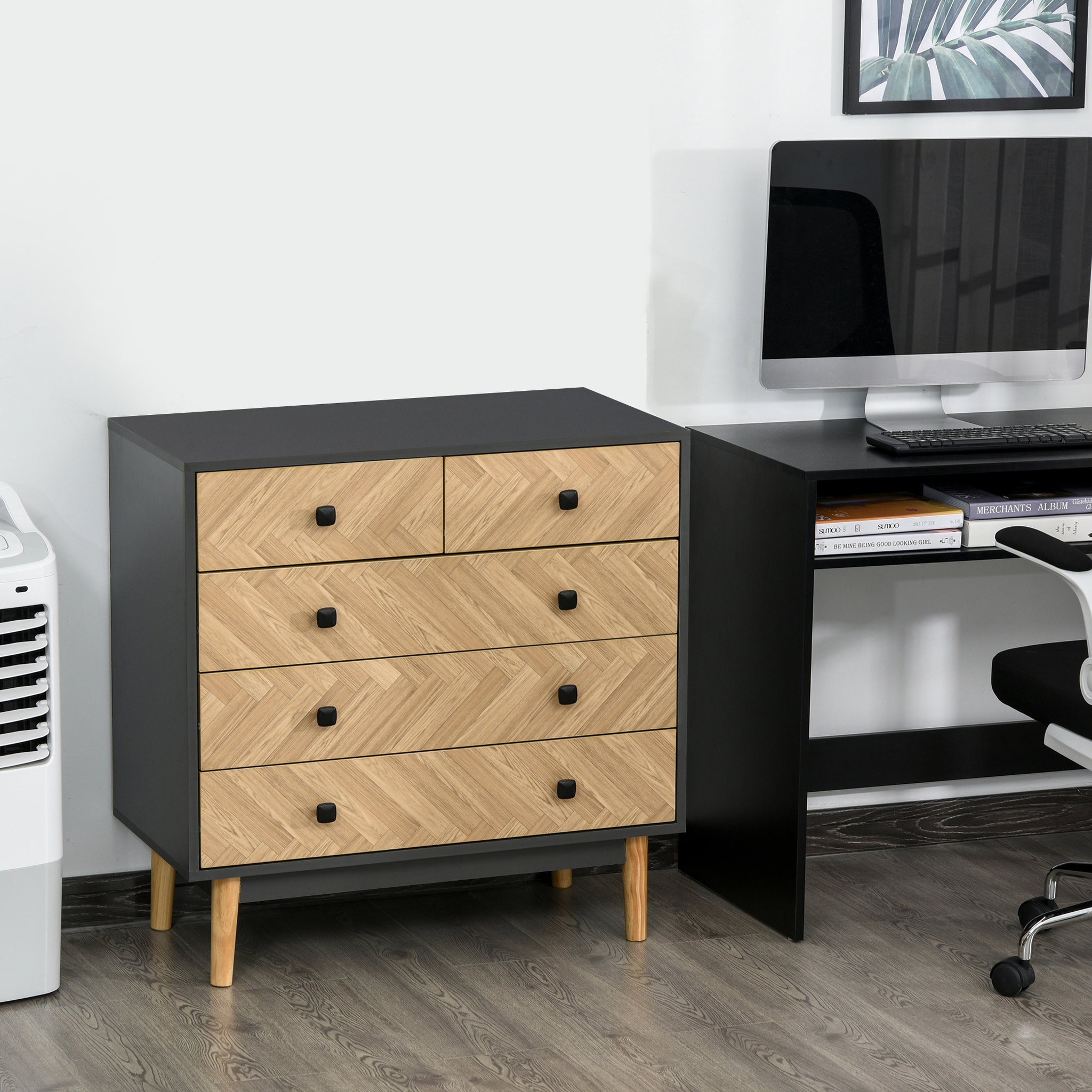 Voir la diapositive 2 : HOMCOM Commode 5 tiroirs design scandinave graphique dim. 80L x 40l x 80H cm panneaux de particules gris foncé chêne clair