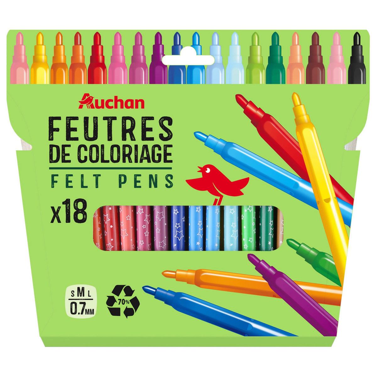 AUCHAN Etui de 18 feutres de coloriage pointes moyennes