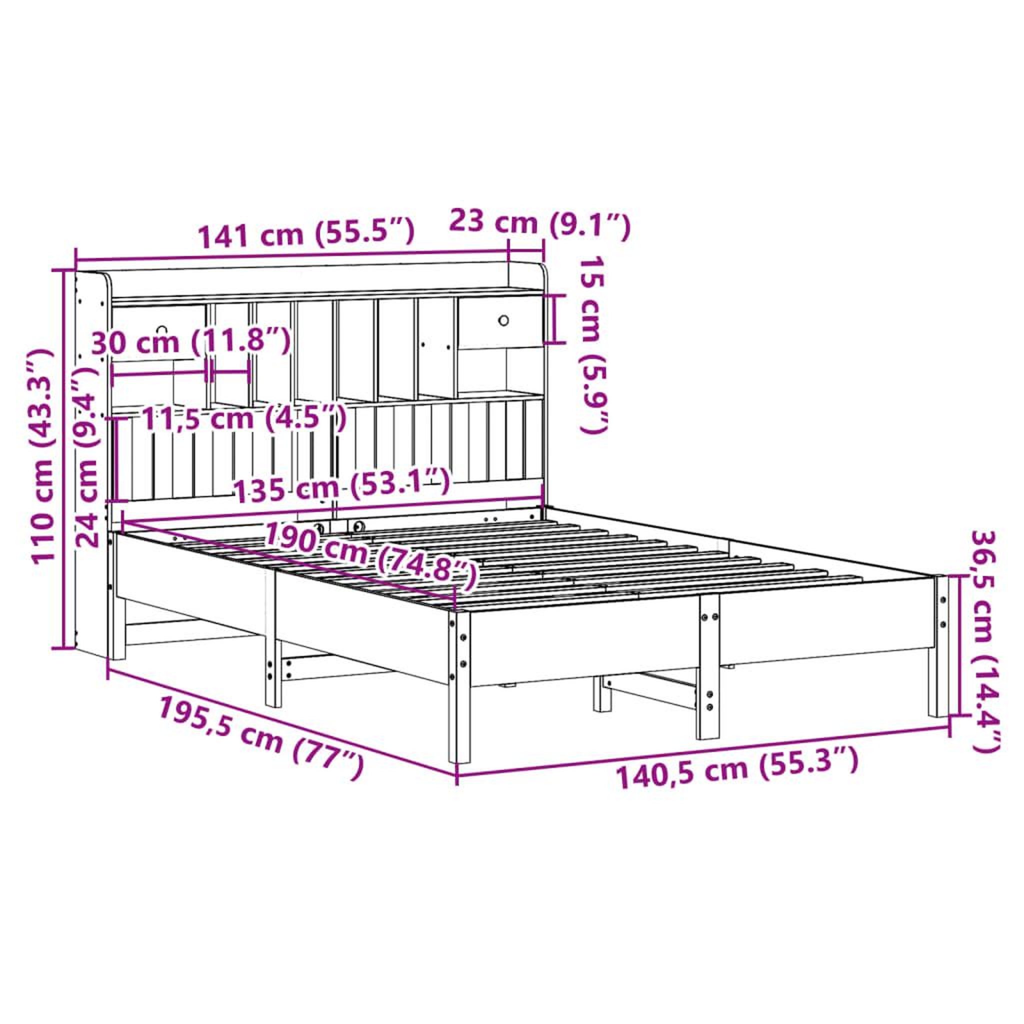 Voir la diapositive 6 : VIDAXL Lit bibliotheque sans matelas blanc 135x190 cm bois pin massif