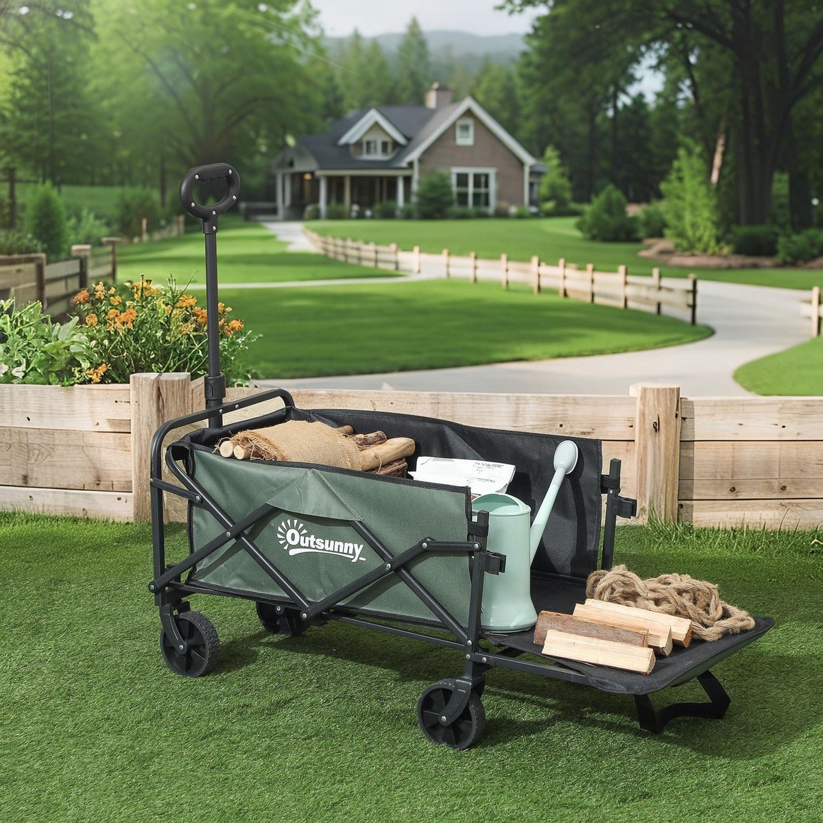 OUTSUNNY Chariot de transport jardin pliable - poignée télescopique, ouverture arrière, pochettes - acier noir tissu kaki