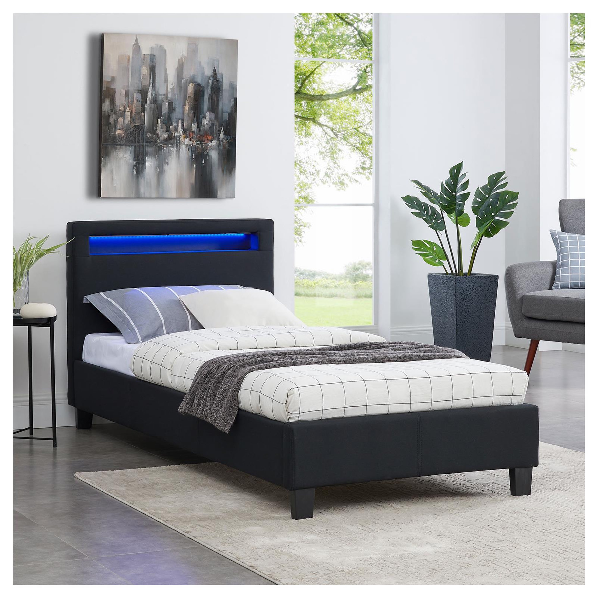 Voir la diapositive 2 : IDIMEX Lit LED simple MOLINA 90x190 cm, avec sommier, revêtement tissu