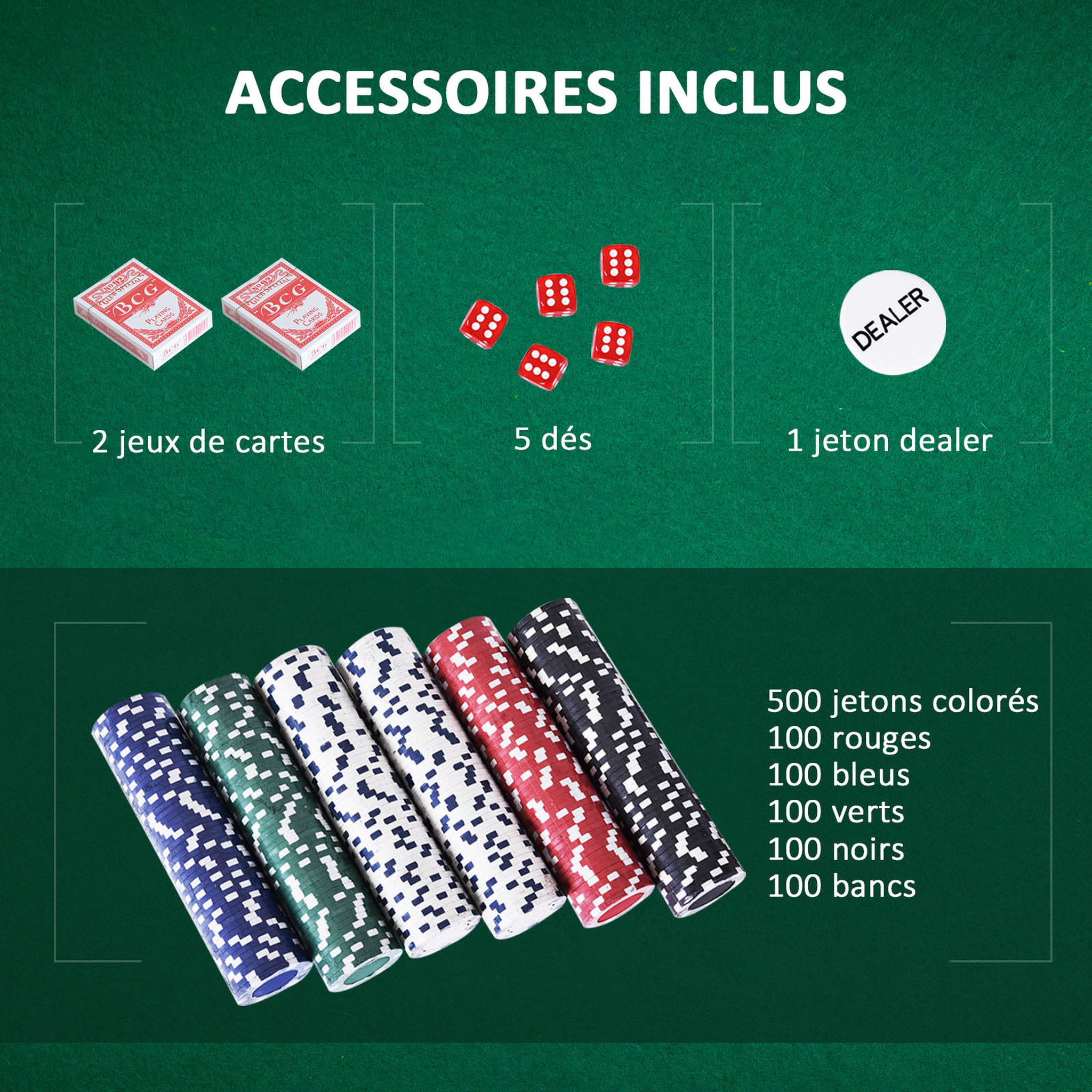 Voir la diapositive 4 : HOMCOM Mallette professionnelle de Poker 500 jetons 2 jeux de cartes 5 dés bouton dealer 2 clés alu