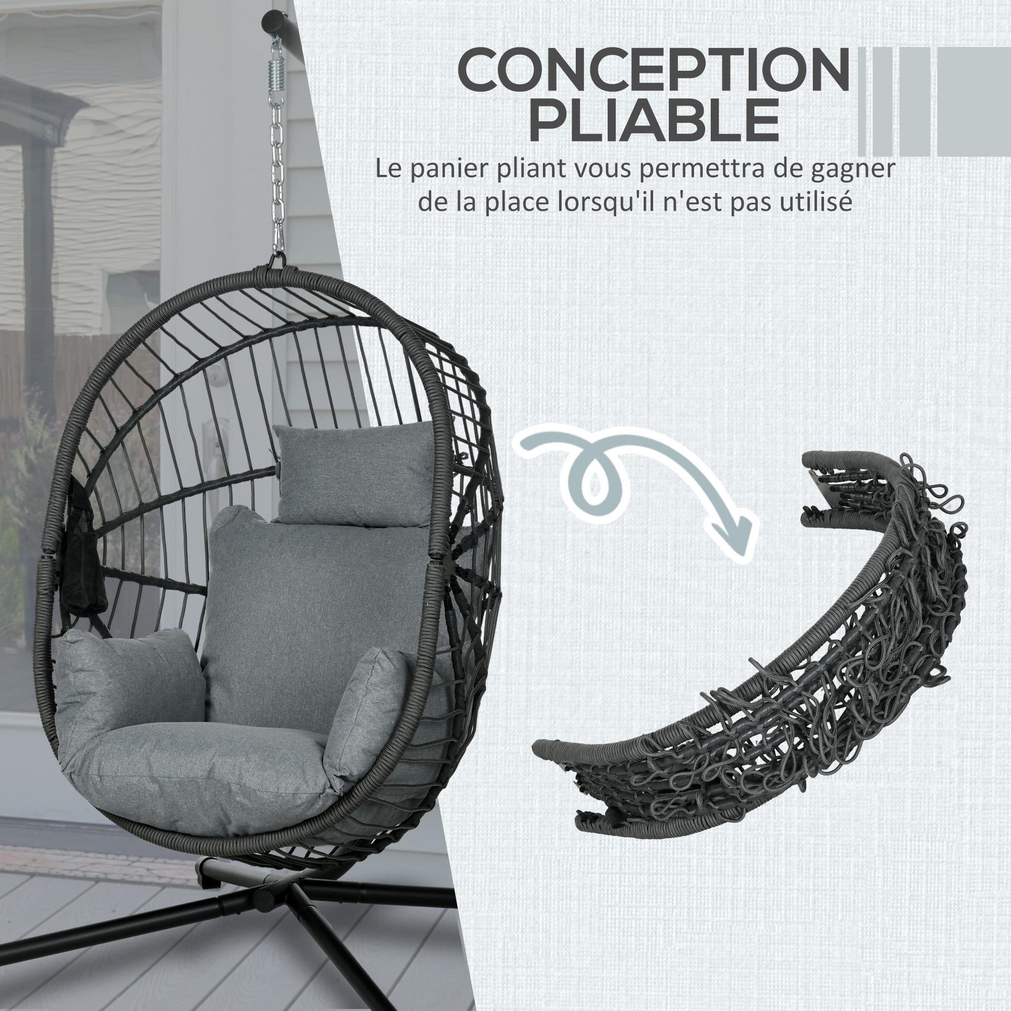 Voir la diapositive 4 : OUTSUNNY Fauteuil suspendu pliable - fauteuil de jardin suspendu avec coussin - acier noir cordage PP gris