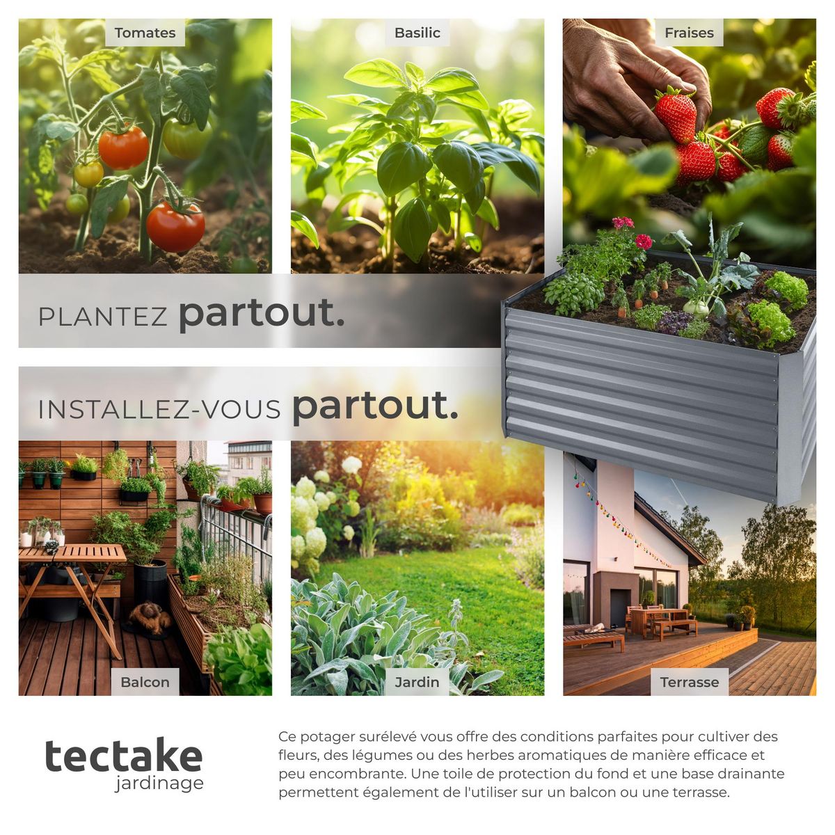 tectake Carré potager 600 L en acier galvanisé argent