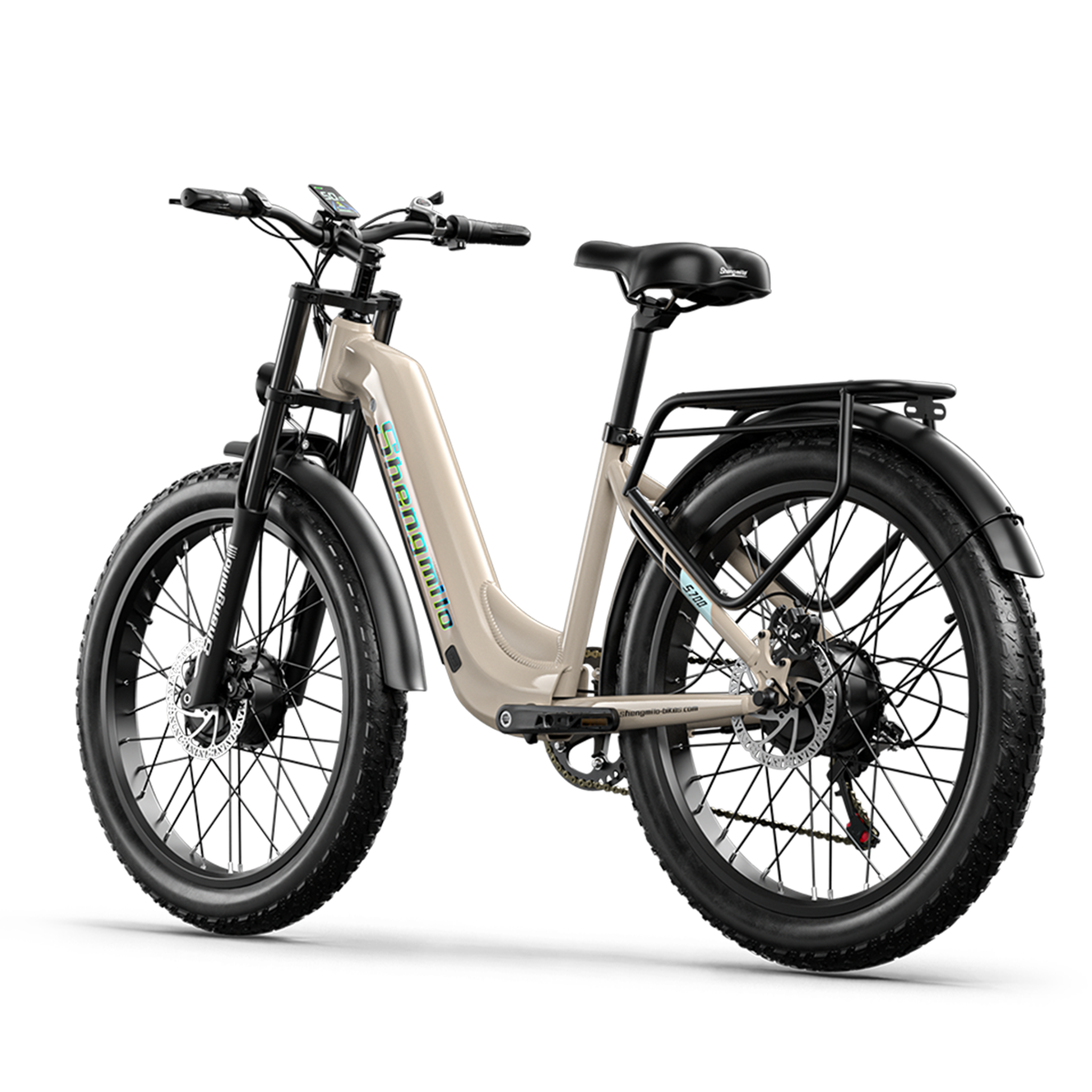 Voir la diapositive 3 : SHENGMILO Shengmilo S700 Vélo électrique de ville à cadre ouvert 26 pouces, pneus larges, double moteur, batterie 48 V 17,5 Ah