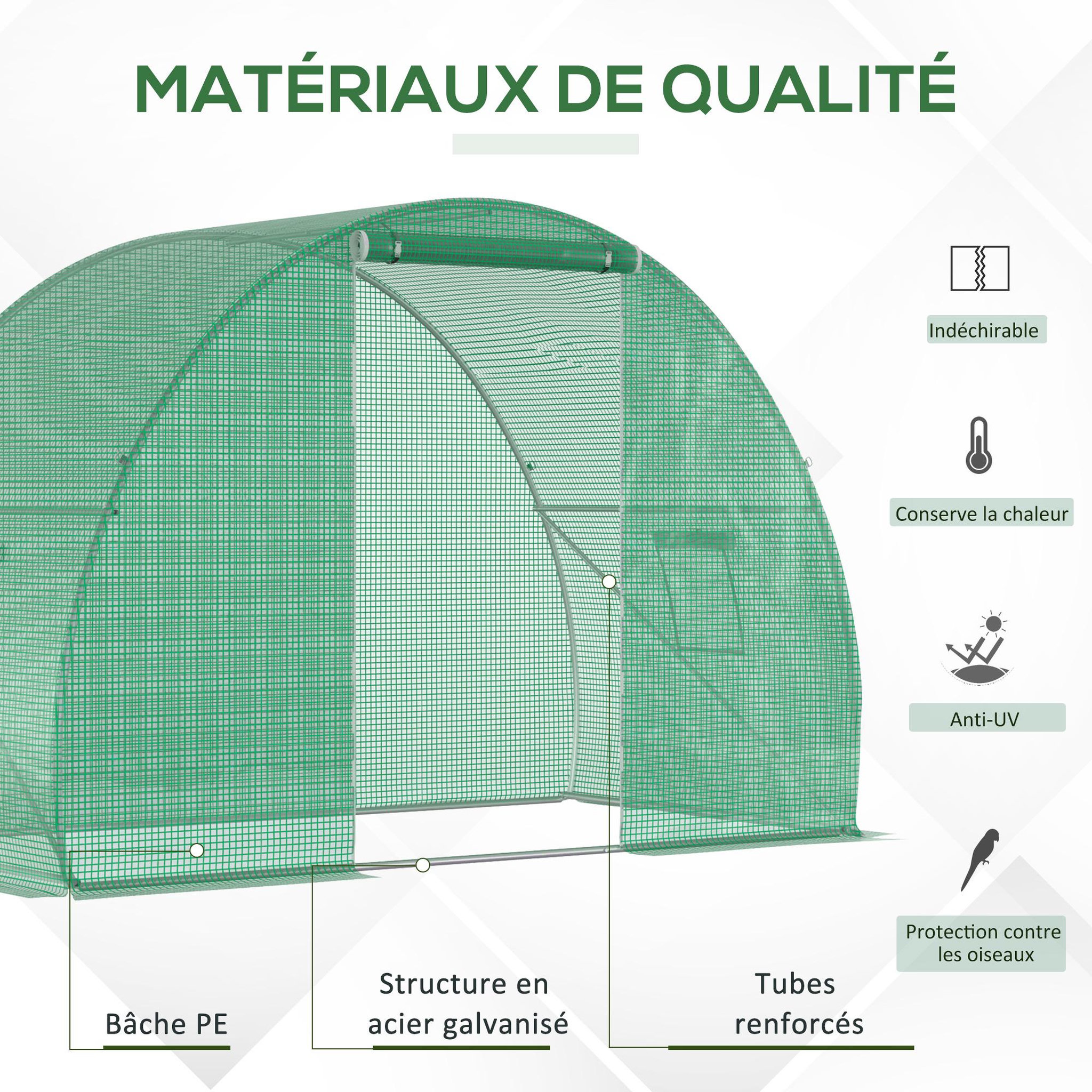 Voir la diapositive 4 : OUTSUNNY Serre de jardin tunnel surface sol 4,5 m² dim. 3l x 1,5l x 2h m châssis tubulaire renforcé porte zippée 2 fenêtres enroulables vert