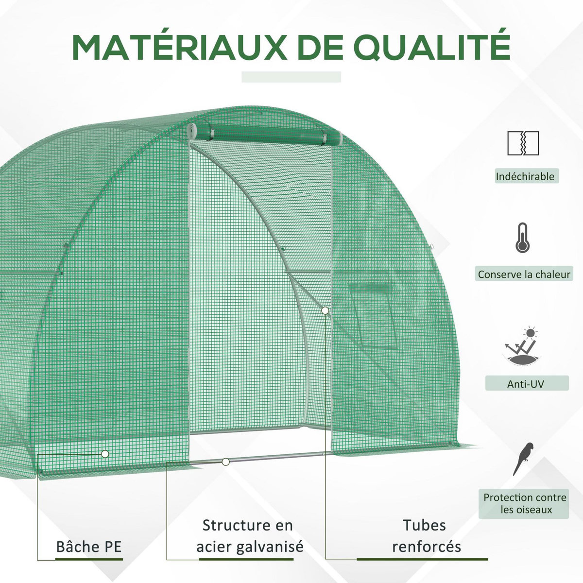 OUTSUNNY Serre de jardin tunnel surface sol 4,5 m² dim. 3L x 1,5l x 2H m châssis tubulaire renforcé porte zippée 2 fenêtres enroulables vert