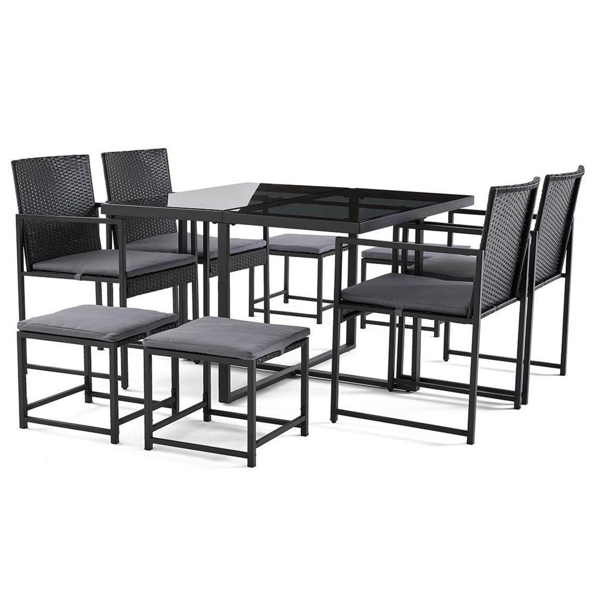 BEST MOBILIER Olaria – ensemble table et chaises de jardin en acier noir - 8 places - coussins gris