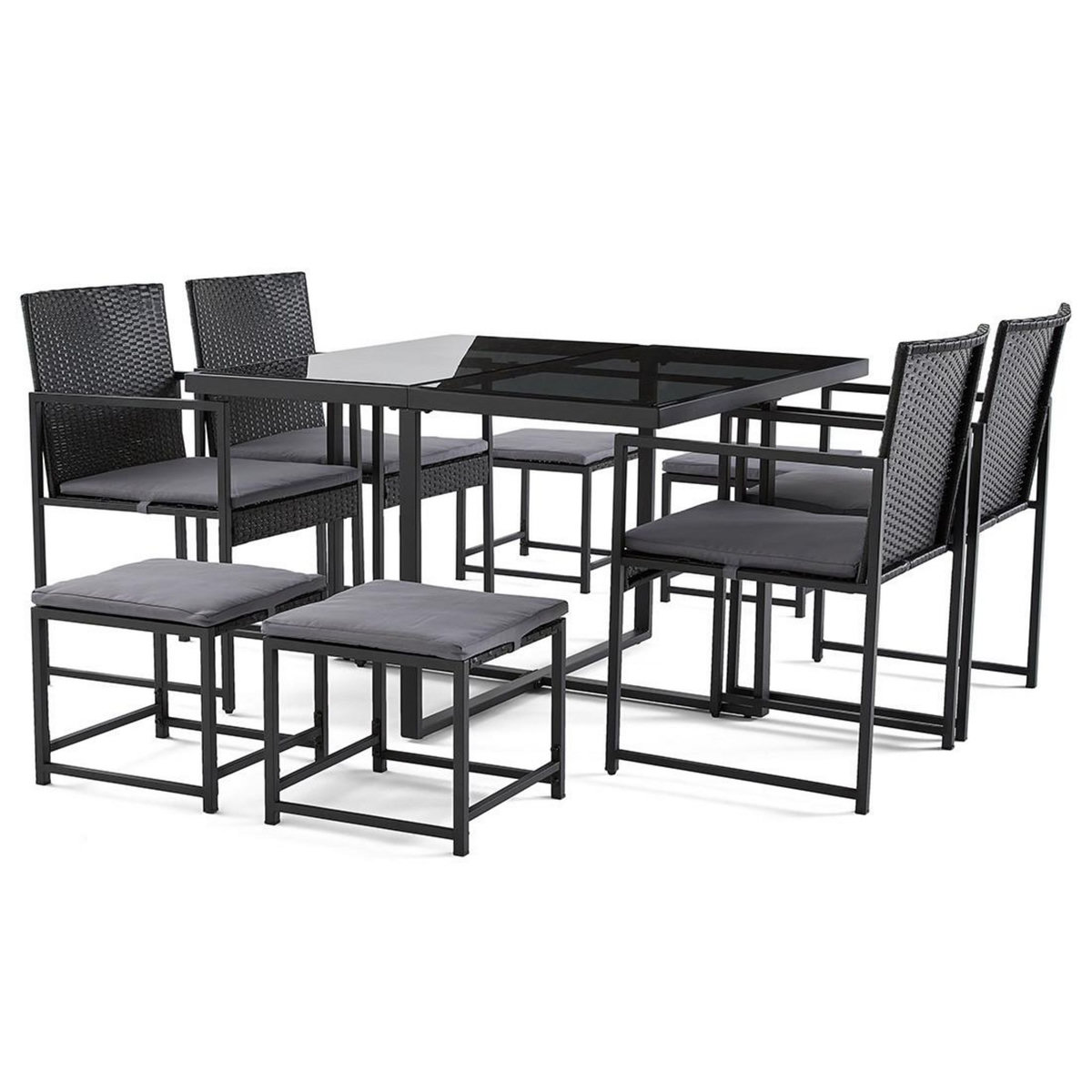 BEST MOBILIER Olaria – ensemble table et chaises de jardin en acier noir - 8 places - coussins gris