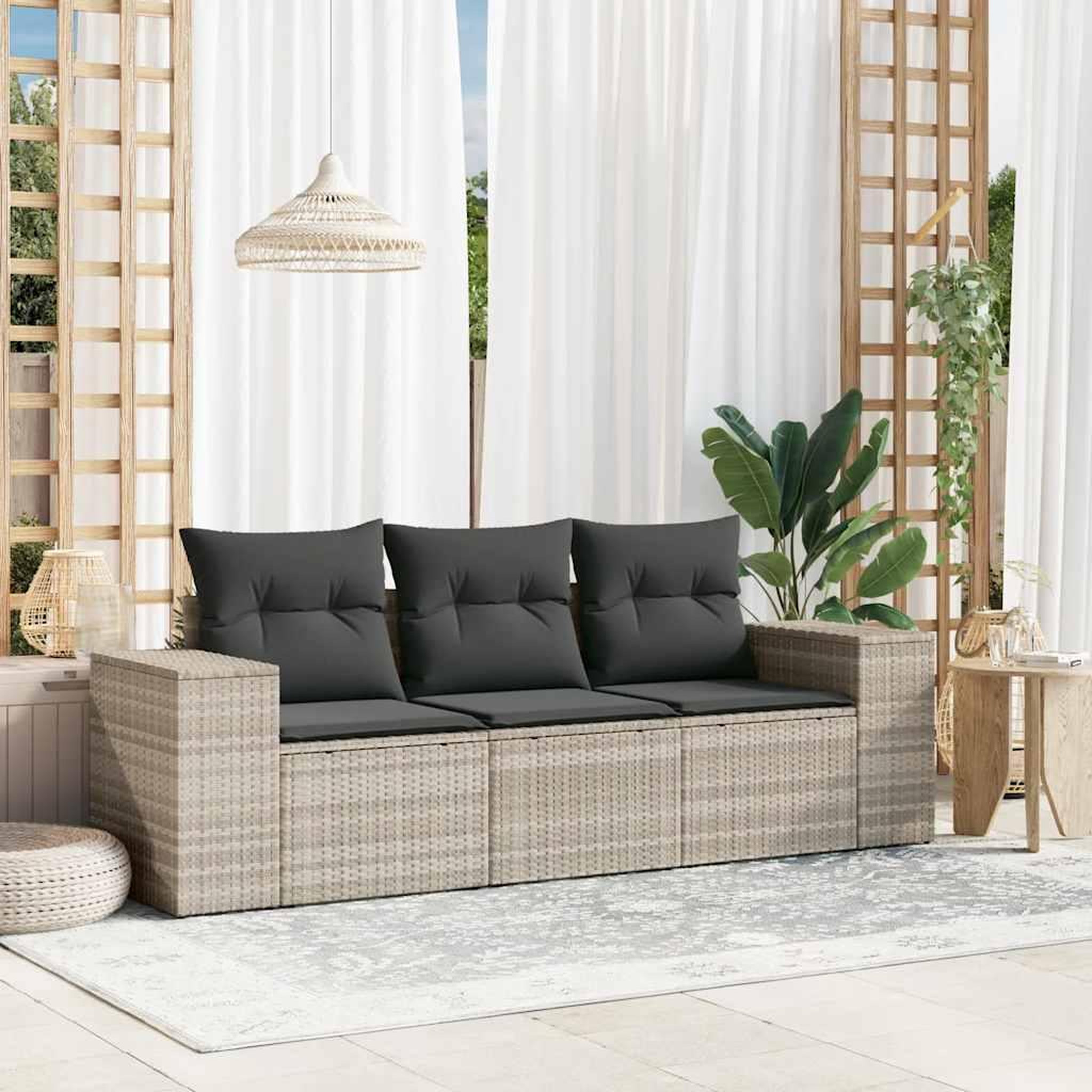 VIDAXL Salon de jardin avec coussins 3 pcs gris clair resine tressee
