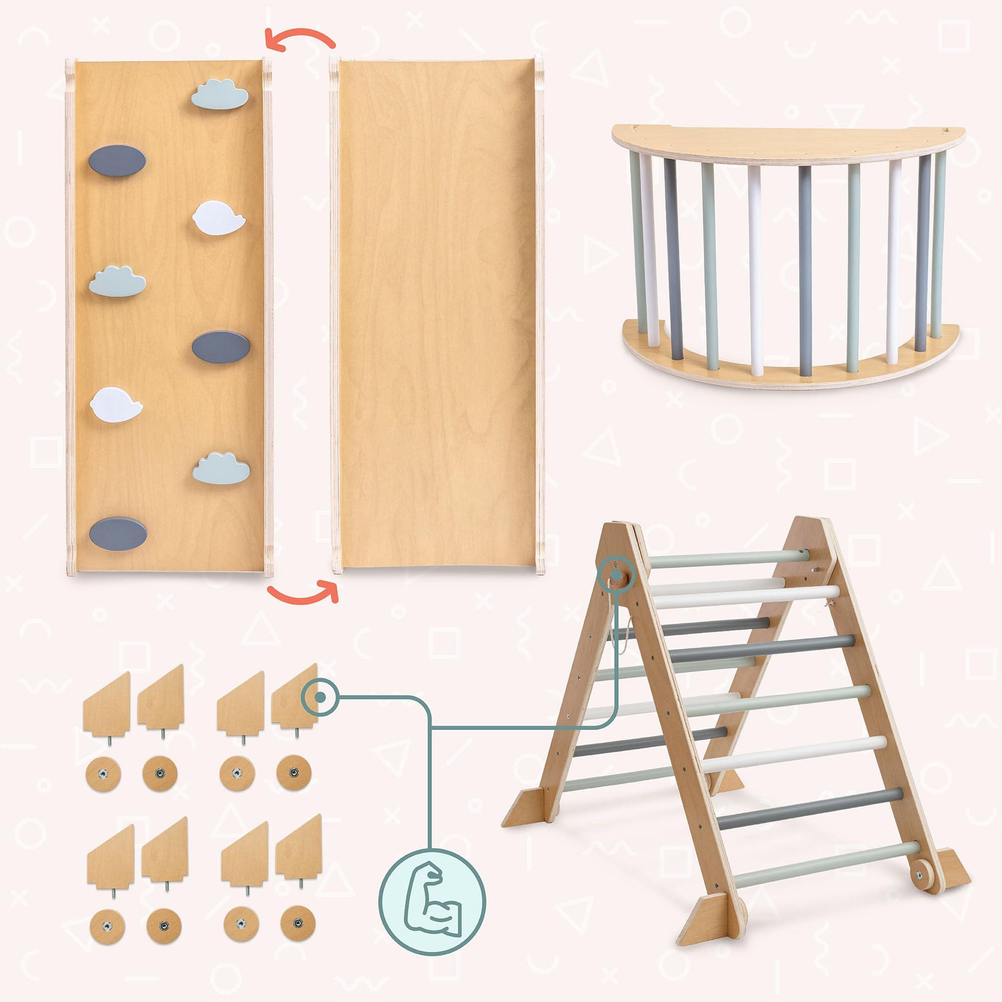 Voir la diapositive 5 : HYPERMOTION Aire de jeux Montessori Mamabrum 3-en-1 en bois avec triangle Pikler, arche et rampe