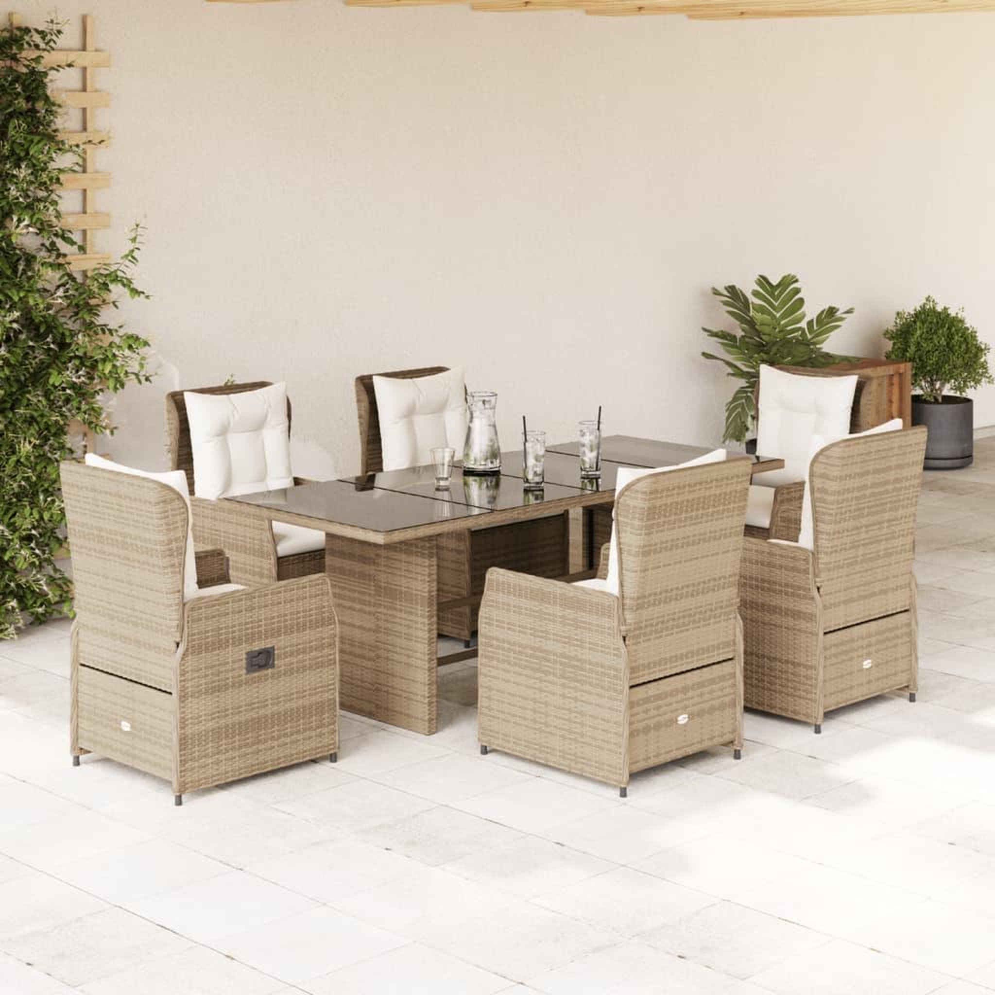 VIDAXL Ensemble a manger de jardin et coussins 7 pcs beige poly rotin