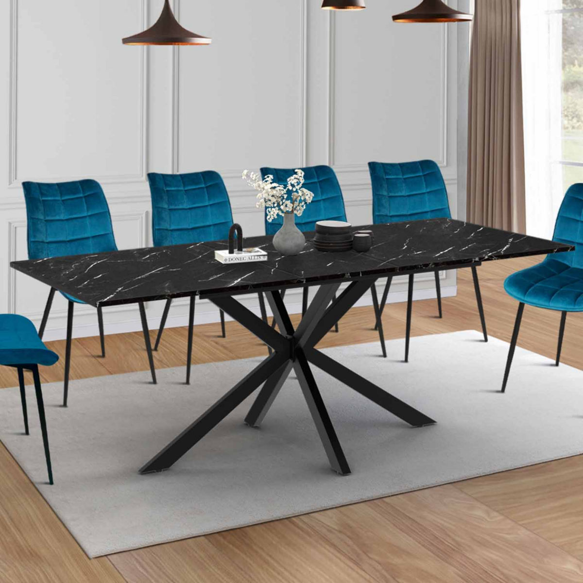 ID MARKET Table à manger extensible rectangle ALIX 6-10 personnes pied araignée noir et plateau effet marbre noir ALASKA 160-200 cm