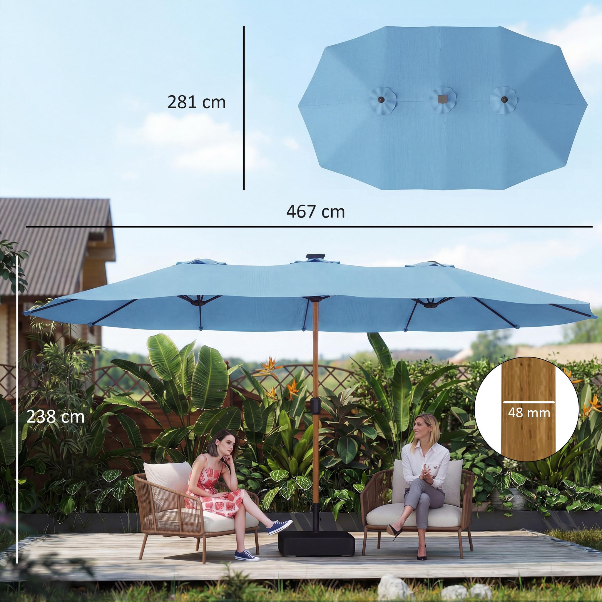 Voir la diapositive 3 : OUTSUNNY Parasol de jardin double XXL mât métal effet bois manivelle pied à lester inclus