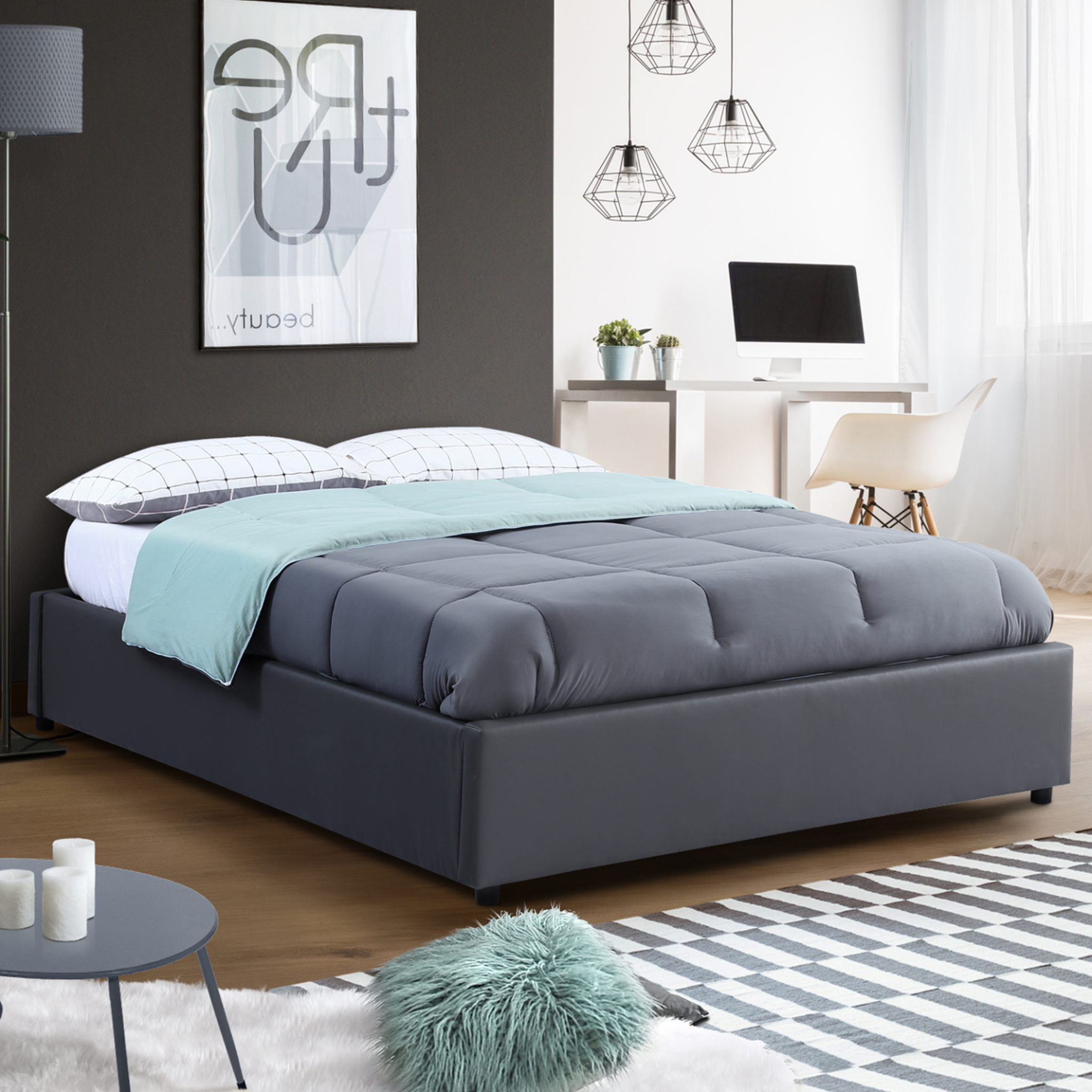 Voir la diapositive 4 : ID MARKET Lit coffre double miami avec sommier 160 x 200 cm pvc gris
