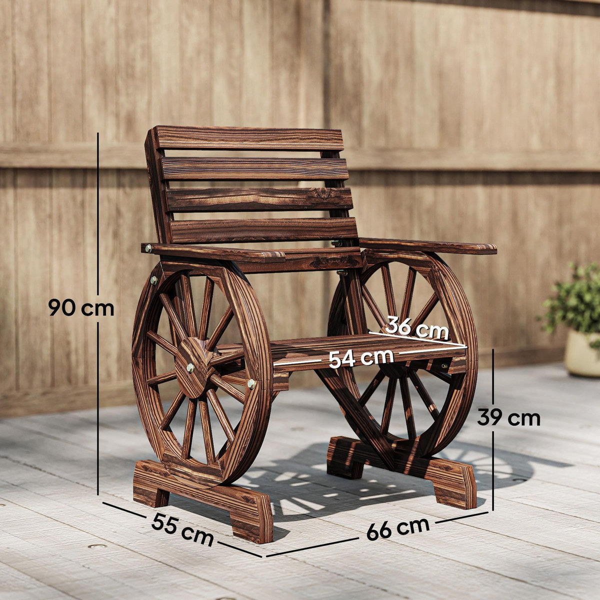 OUTSUNNY Chaise de jardin roue de chariot dossier incliné bois carbonisé