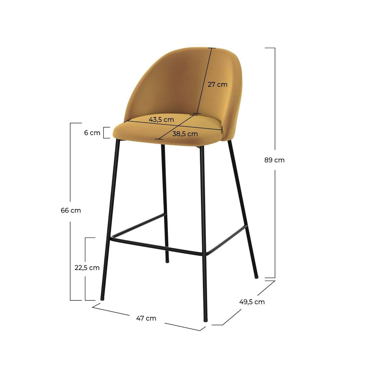 Rendez vous déco Lot de 2 chaises pour îlot central 66 cm en velours jaune moutarde-Karl
