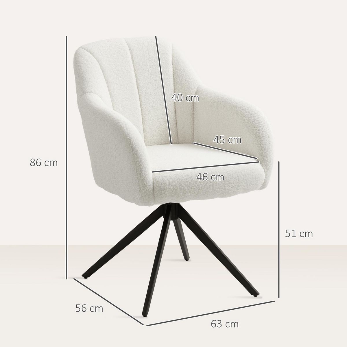 HOMCOM Fauteuil design piètement acier noir 4 branches effet laine bouclée blanc