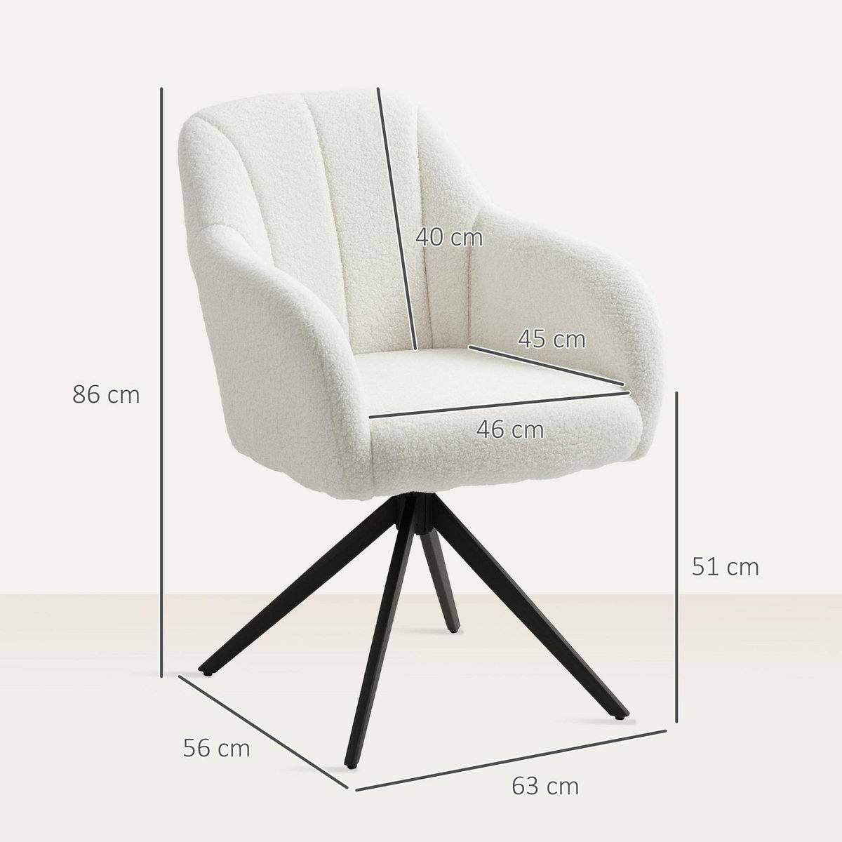 HOMCOM Fauteuil design piètement acier noir 4 branches effet laine bouclée blanc