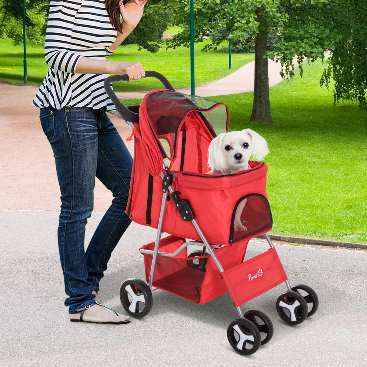 PAWHUT Poussette buggy pour chiens 75L x 46l x 94H cm pliable imperméable tissu 600D Oxford 4 roues rouge