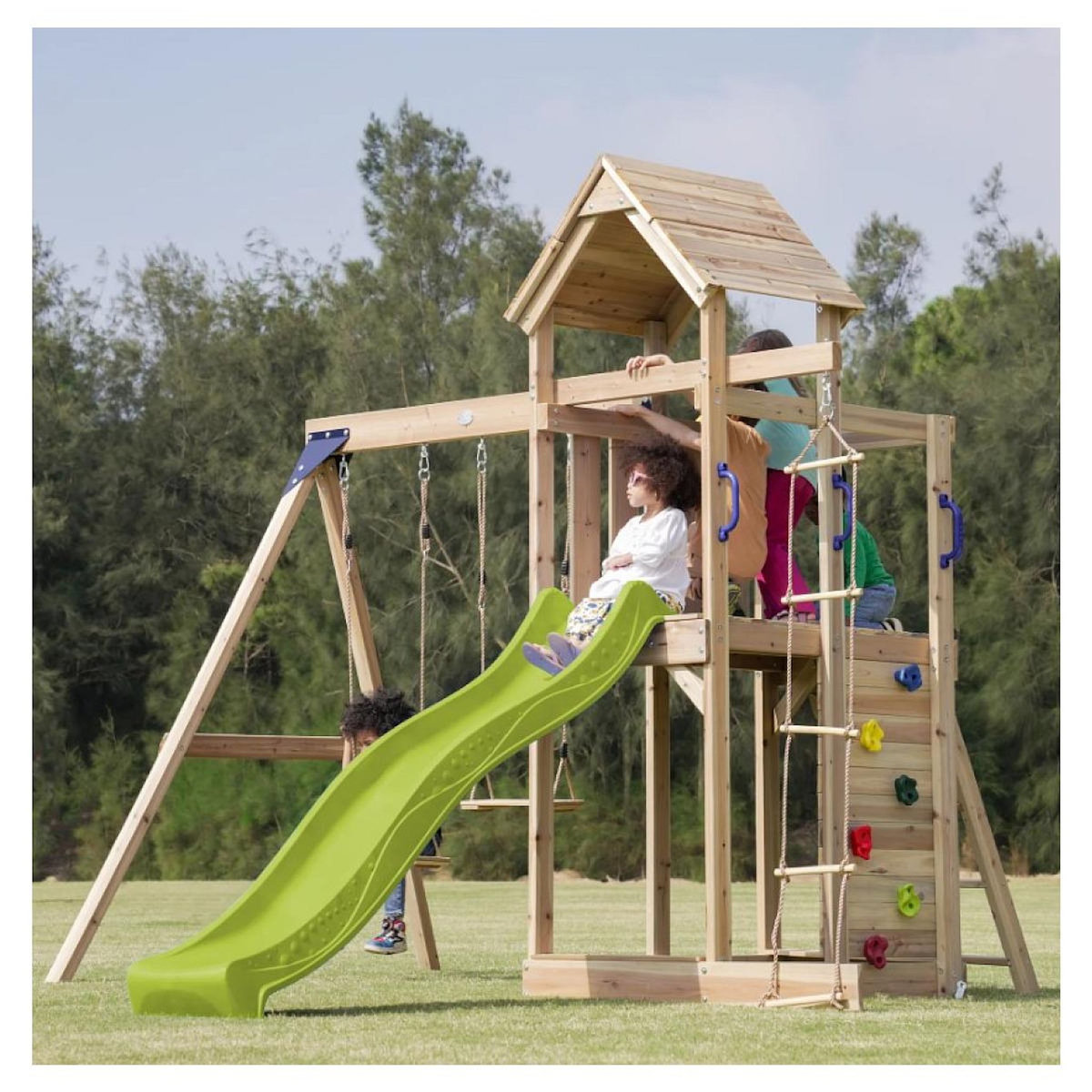 Axi House Portique Moos 2 balançoires + échelle toboggan vert citron