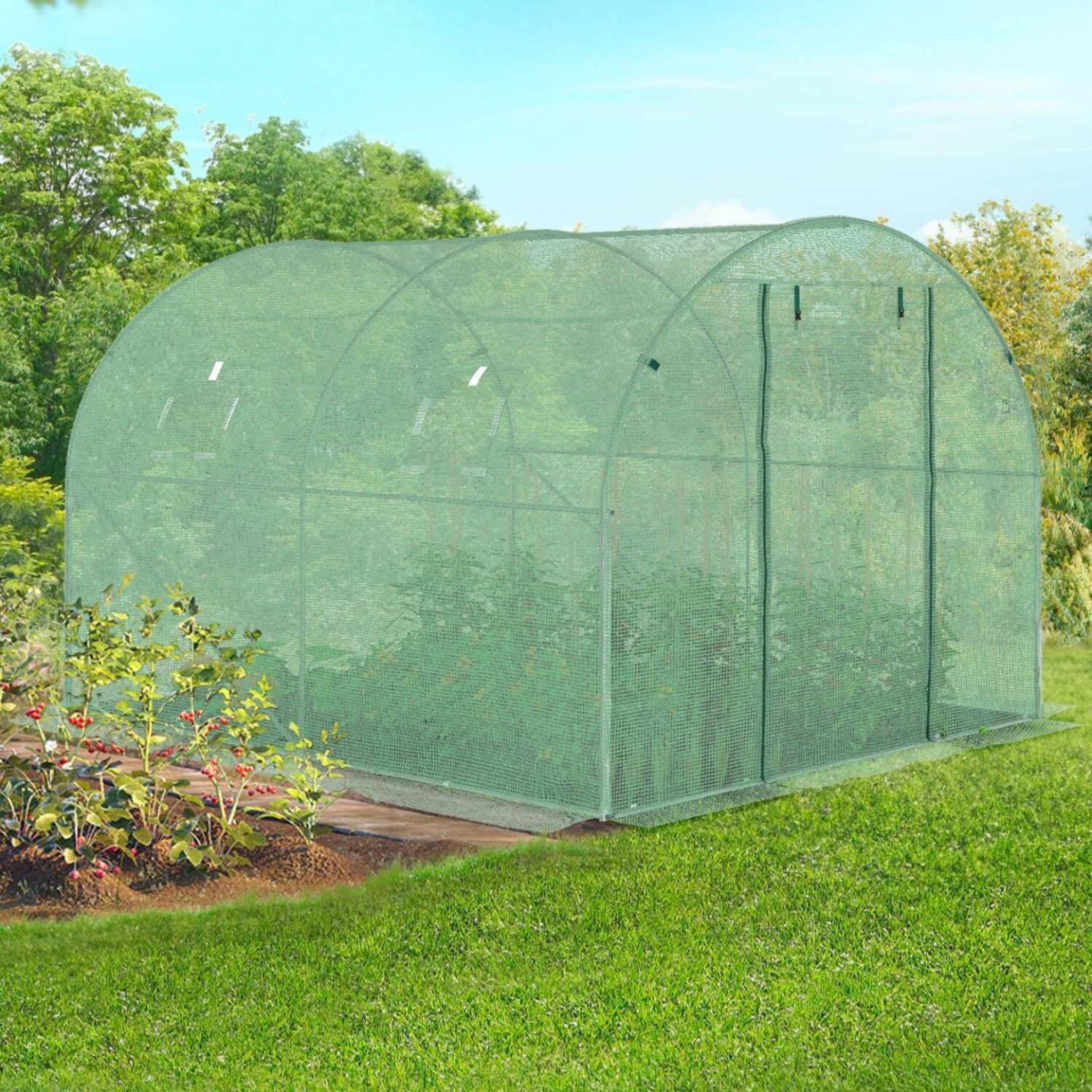 Voir la diapositive 3 : ID MARKET Serre de jardin tunnel 6m² 3 x 2 x 2 m acier galvanisé + bâche anti-UV avec porte et fenêtres ROMA verte toutes saisons